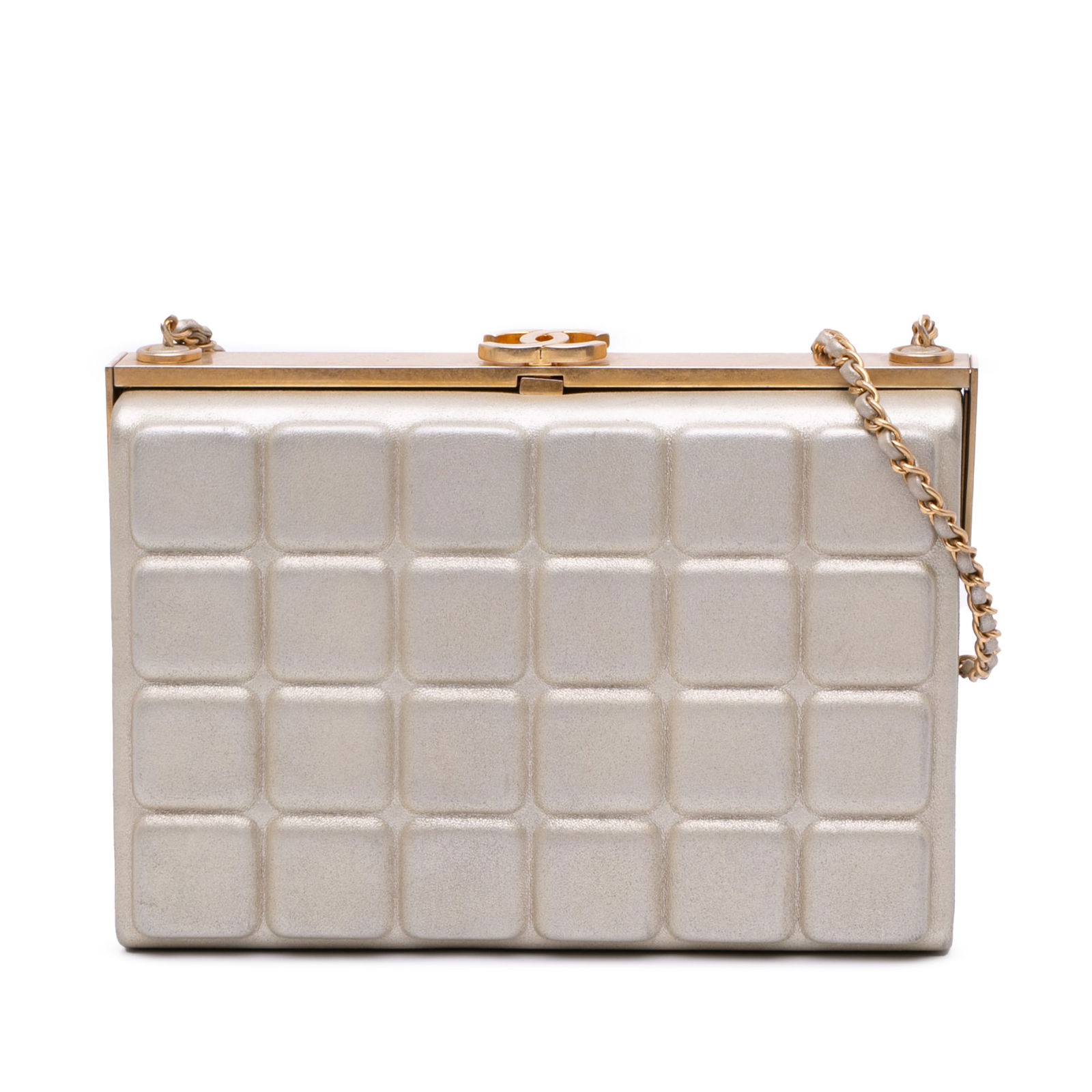 Chanel Chocolate Bar Gold Metallic Lambskin Clutch with Chain: Chanel Chocolate Bar Gold Metallic Lambskin Clutch with Chain Elevate your accessory collection with this elegant Chanel Chocolate Bar Metallic Lambskin Frame Clutch. Crafted from luxurious metallic l