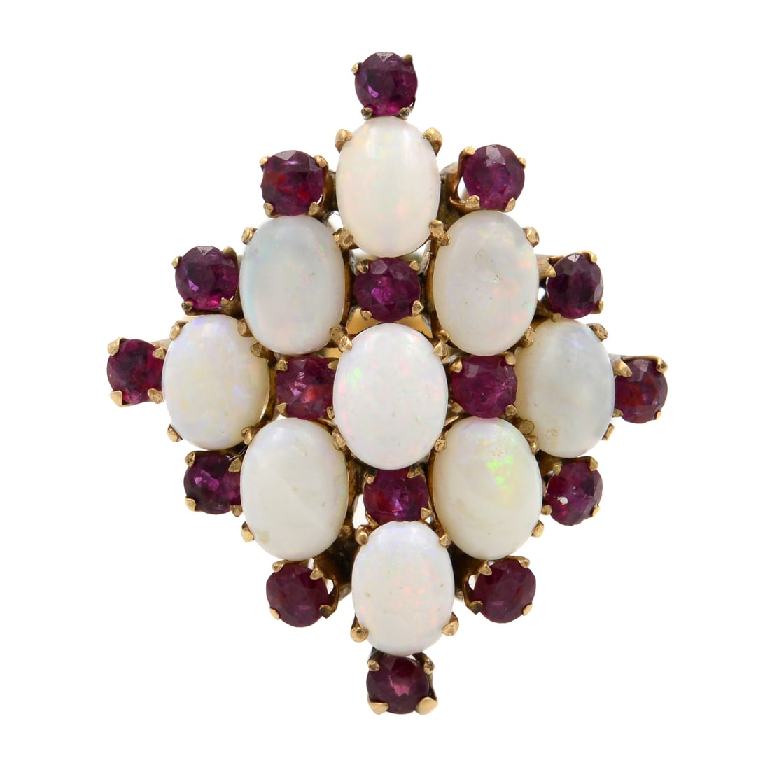 Rachel Koen Vintage Opal Ruby Cocktail Ring 18K Yellow Gold: Rachel Koen Vintage Opal Ruby Cocktail Ring 18K Yellow Gold This stunning vintage estate cocktail ring by Rachel Koen is crafted from luxurious 18K yellow gold. It features a beautiful prong set oval-