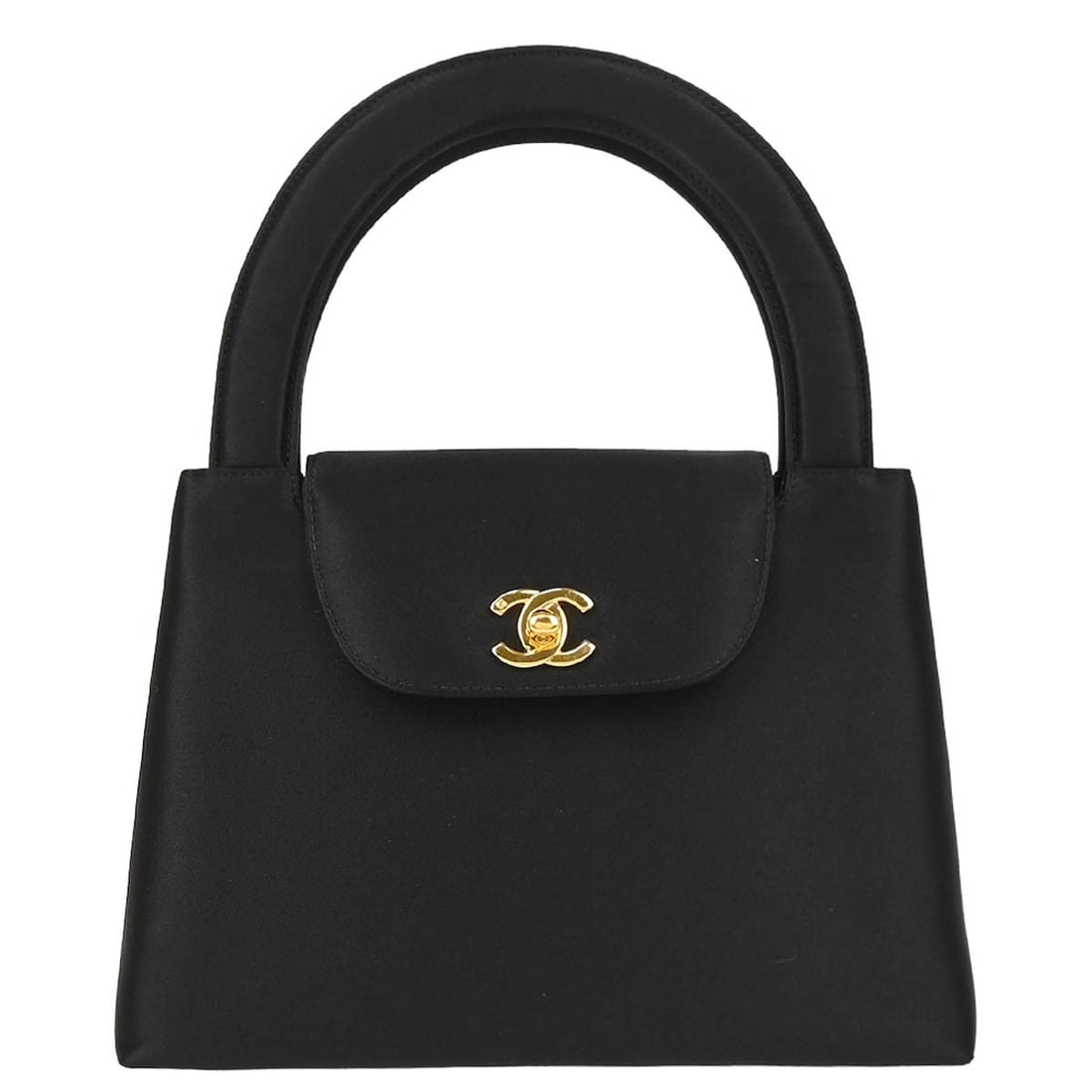 Chanel Black Satin Handbag with Turnlock Closure and Inner Pockets: Chanel Black Satin Handbag with Turnlock Closure and Inner Pockets This elegant Chanel handbag is crafted from luxurious black satin, featuring a stylish turnlock closure and double handles for added
