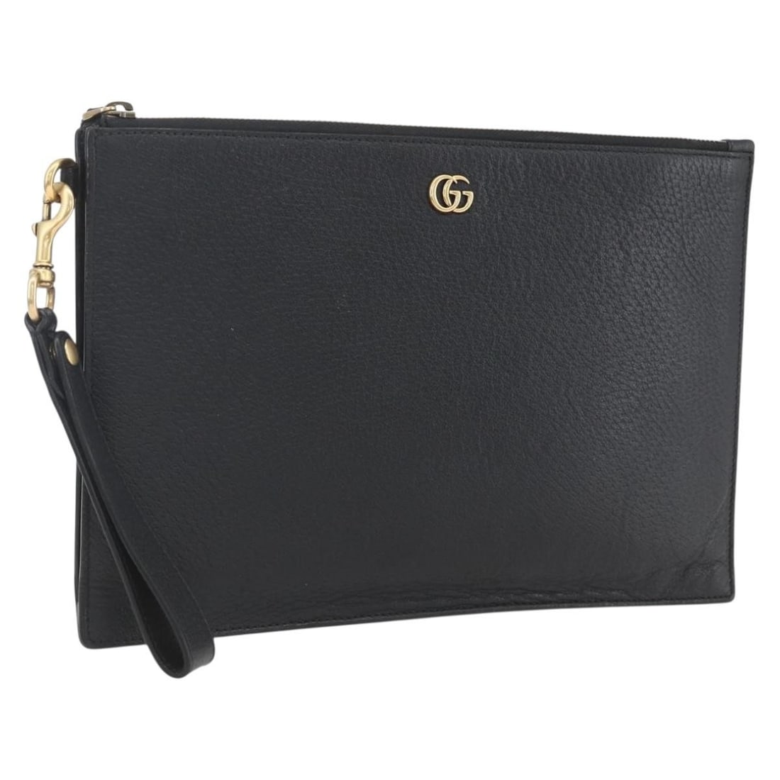Black and Gold Leather 475317 Clutch Bag by Gucci: Black and Gold Leather 475317 Clutch Bag by Gucci This GUCCI clutch bag is crafted from black leather with gold-tone accents. Made in Italy, it features a compact and elegant design. The bag shows rea