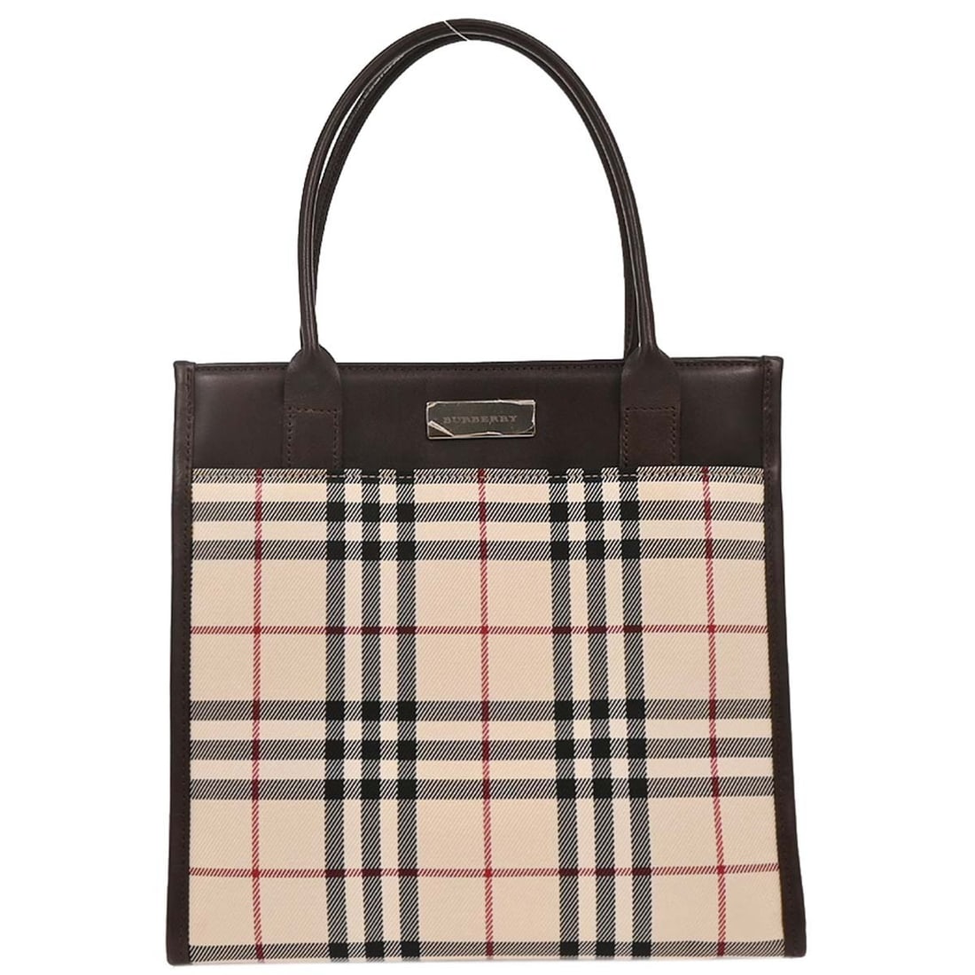 Burberry Beige Check Top Handle Handbag with Inner Pockets: Burberry Beige Check Top Handle Handbag with Inner Pockets This stylish Burberry Check Handbag is perfect for casual occasions. It features a chic beige exterior crafted from durable canvas, showcasin