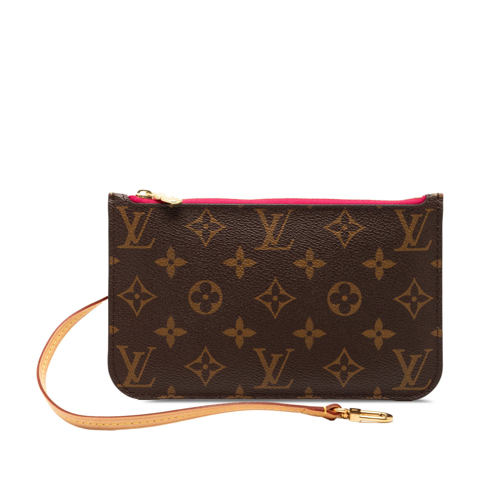Monogram Canvas Neverfull PM Wristlet by Louis Vuitton: Monogram Canvas Neverfull PM Wristlet by Louis Vuitton This Louis Vuitton Monogram Neverfull Pouch PM features the iconic monogram canvas exterior, complemented by a flat vachetta leather wrist strap