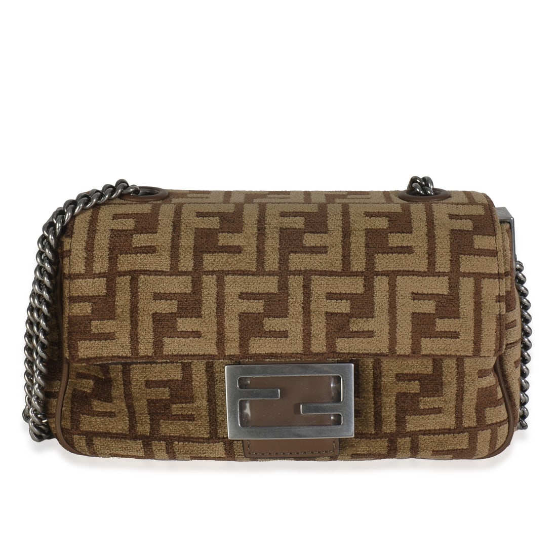 Fendi Midi Chain Baguette Brown Chenille Vitello Seta Shoulder Bag: Fendi Midi Chain Baguette Brown Chenille Vitello Seta Shoulder Bag This Fendi Midi Chain Baguette shoulder bag features a brown chenille Vitello Seta FF exterior with silver-tone hardware. The bag is