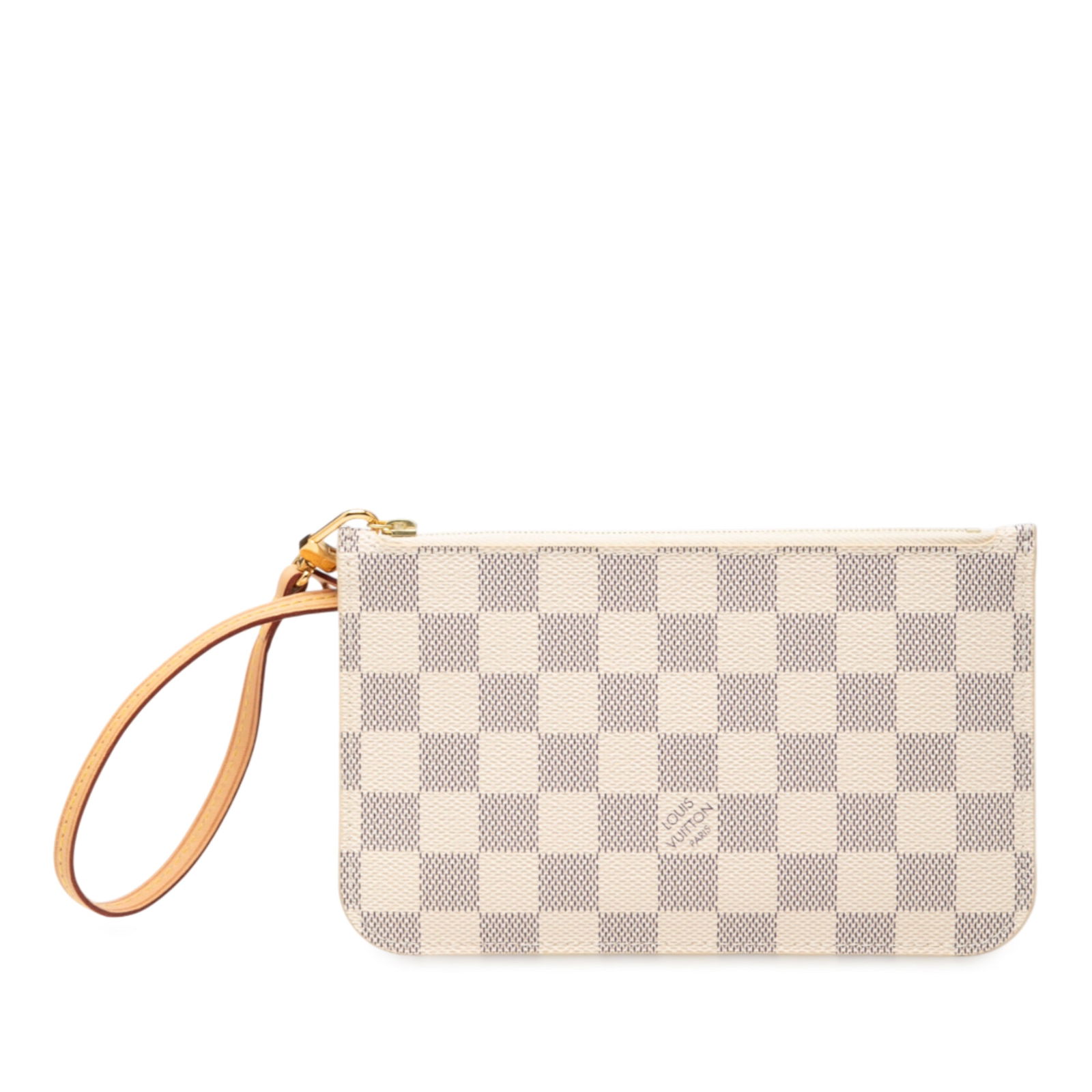 Neverfull PM Pouch Damier Azur Canvas with Detachable Strap by Louis Vuitton: Neverfull PM Pouch Damier Azur Canvas with Detachable Strap by Louis Vuitton This Louis Vuitton Damier Azur Neverfull Pouch PM features the iconic damier azur canvas body with a detachable flat vachet