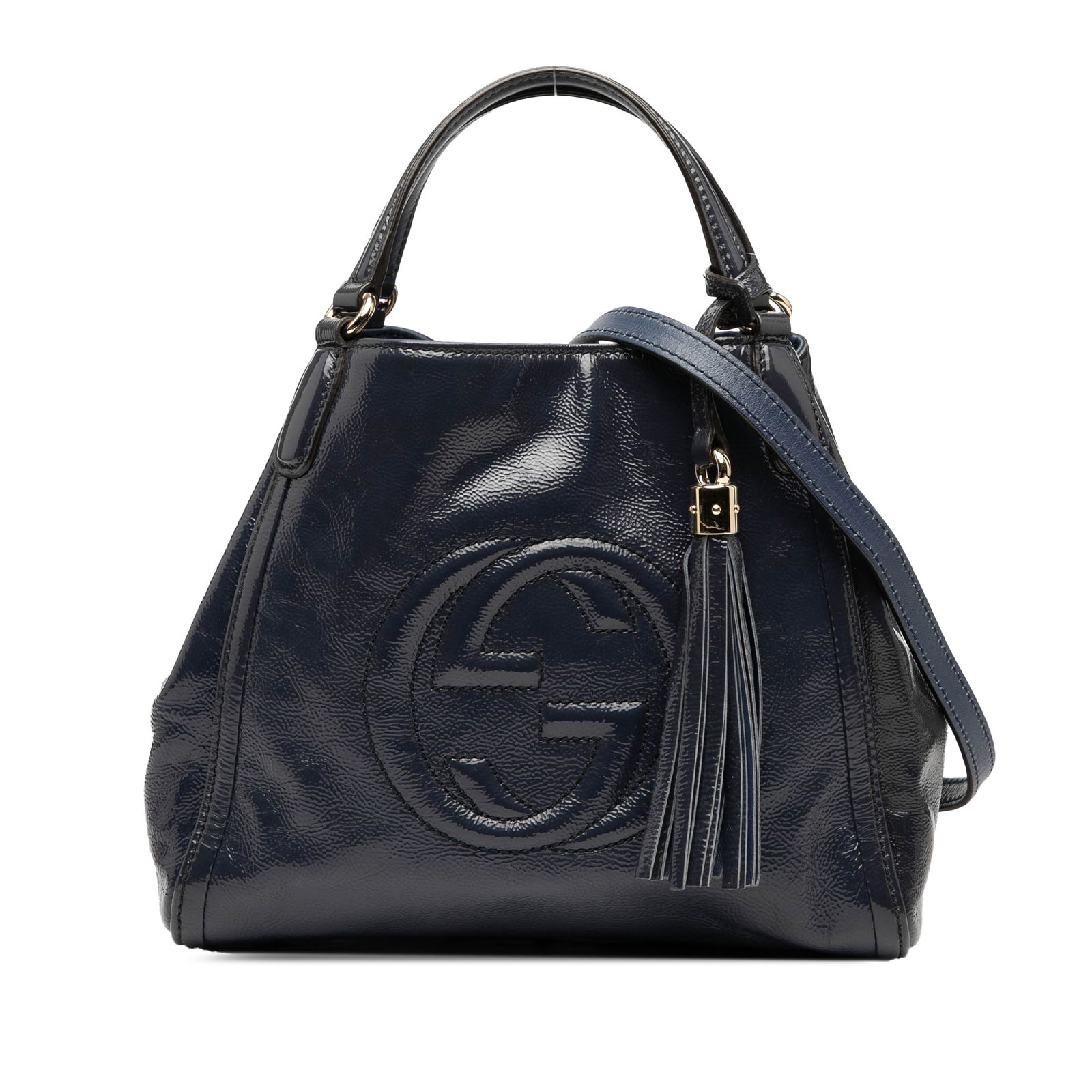 Blue Leather Gucci Soho Small Satchel with Tassel and Strap: Blue Leather Gucci Soho Small Satchel with Tassel and Strap This Gucci Small Patent Soho Satchel features a blue patent leather body with flat leather top handles embellished with tassel details. It i