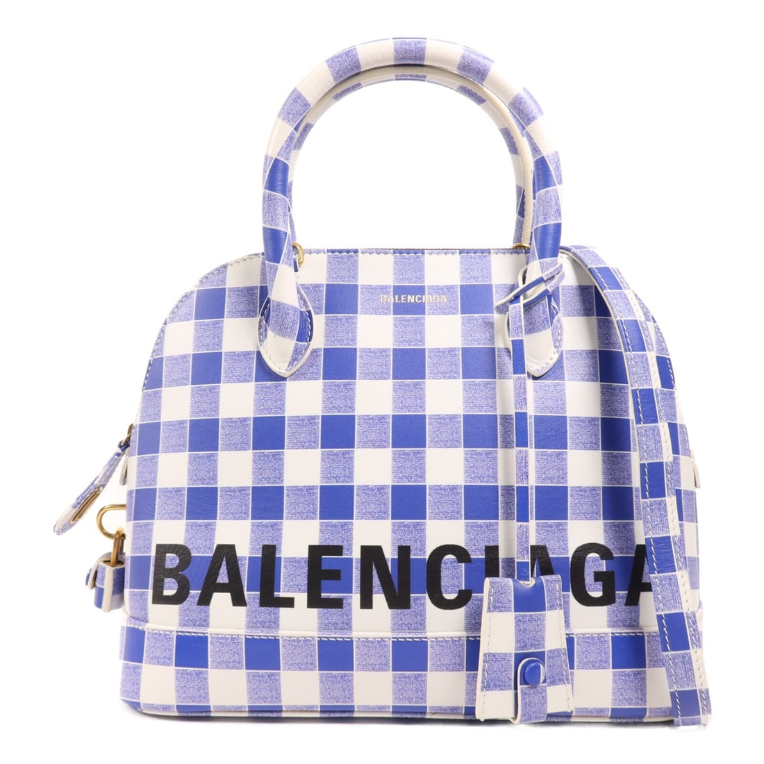 BALENCIAGA Ville Top Handle 2 Way Bag Calfskin Blue White GHW: BALENCIAGA Ville Top Handle 2 Way Bag Calfskin Blue White GHW Introducing the BALENCIAGA Ville Top Handle 2 Way Bag, a sophisticated accessory crafted from premium calfskin leather. This stylish bag f