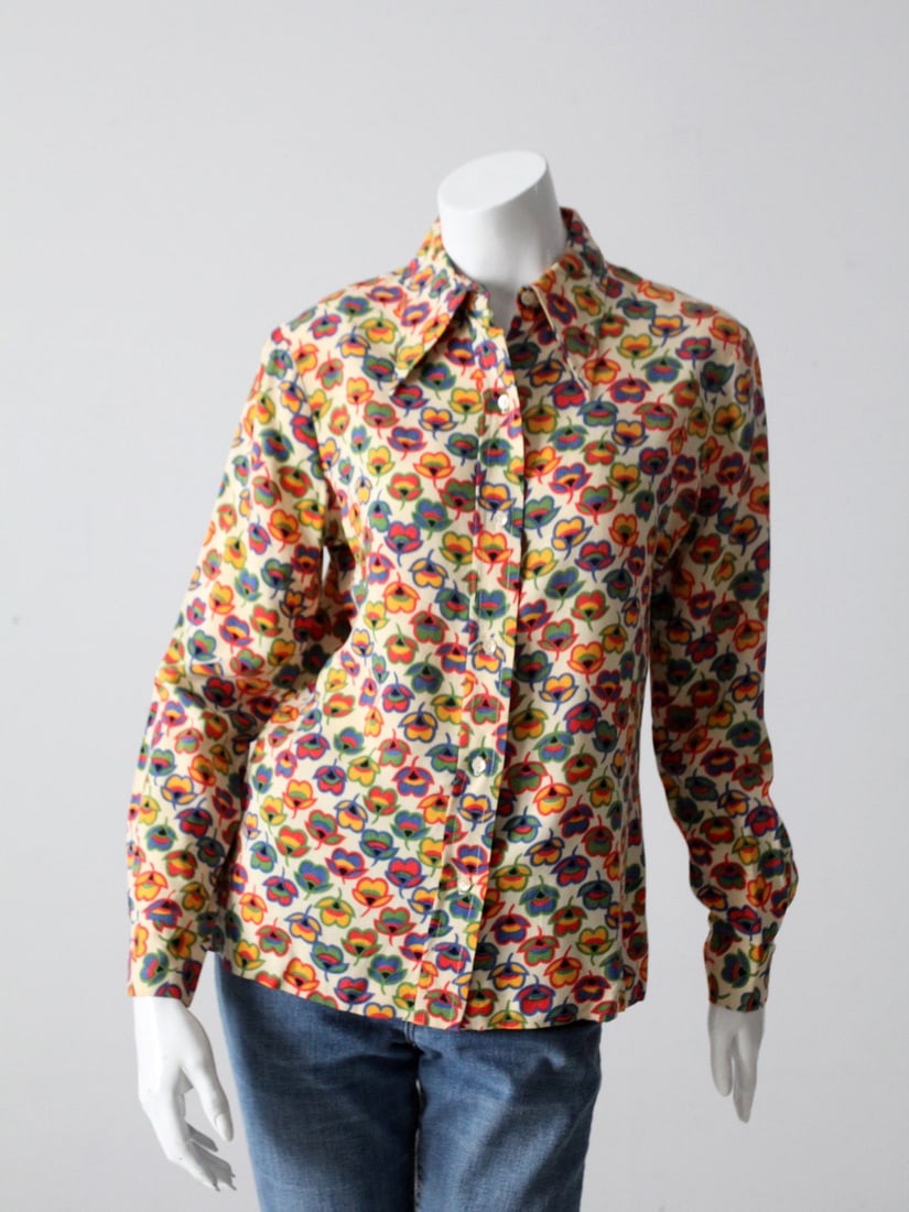 1970s Loubella Extendables Vintage Nylon Shirt Flower Power Print (1 of 8)