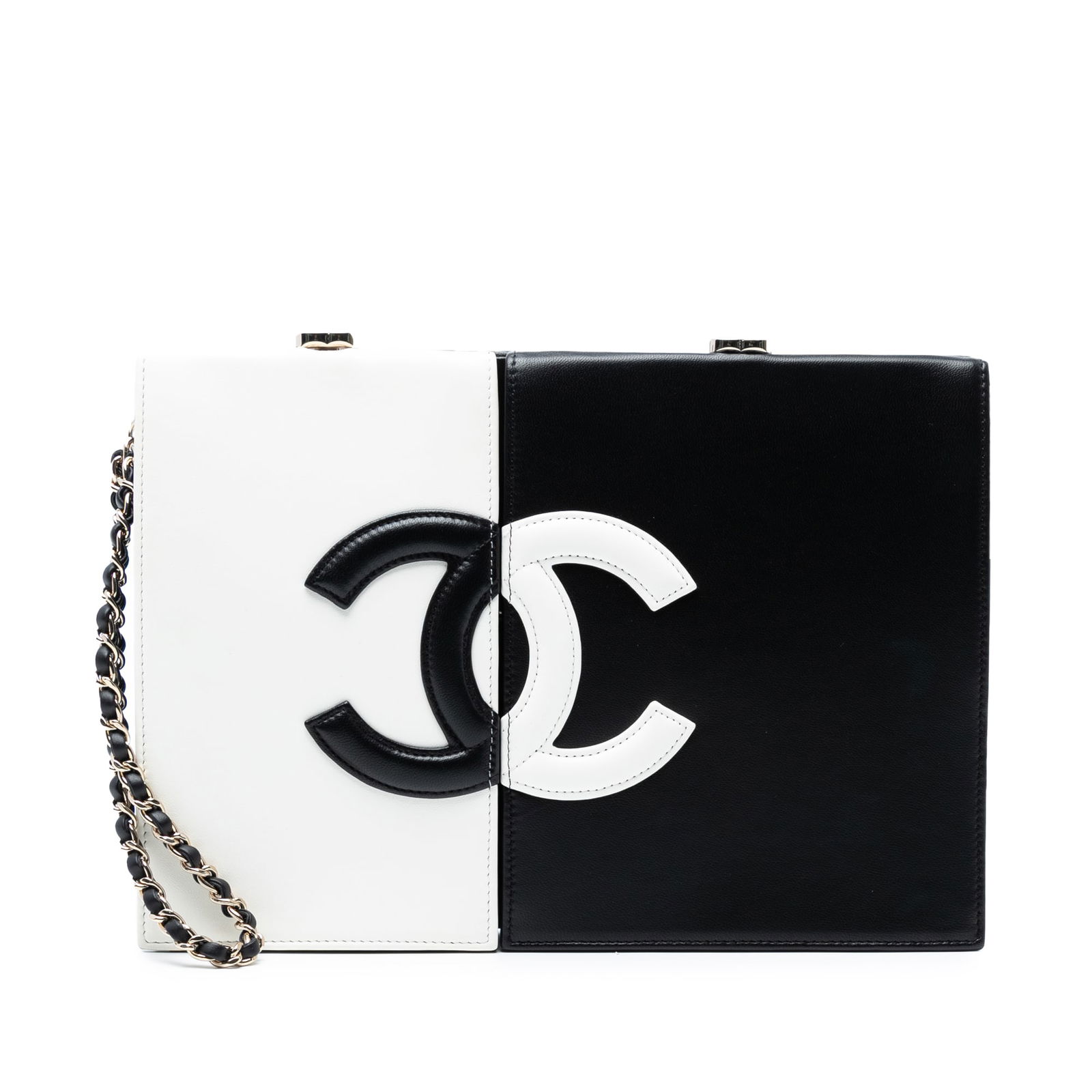 Chanel CC Lambskin Black Clutch with Chain Strap: Chanel CC Lambskin Black Clutch with Chain Strap This Chanel CC Lambskin Split Clutch is a sophisticated accessory crafted from luxurious lambskin leather. It features a convenient chain wristlet stra