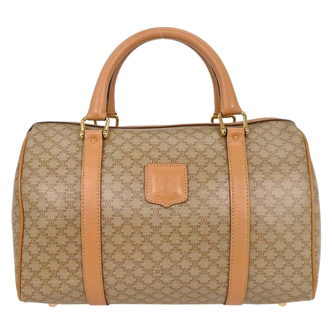 Celine Macadam Beige Duffle Handbag for Women: Celine Macadam Beige Duffle Handbag for Women This pre-owned Celine Macadam Duffle handbag features a beige design and is made for women. The bag is in very good condition, with some misshaping, scuff