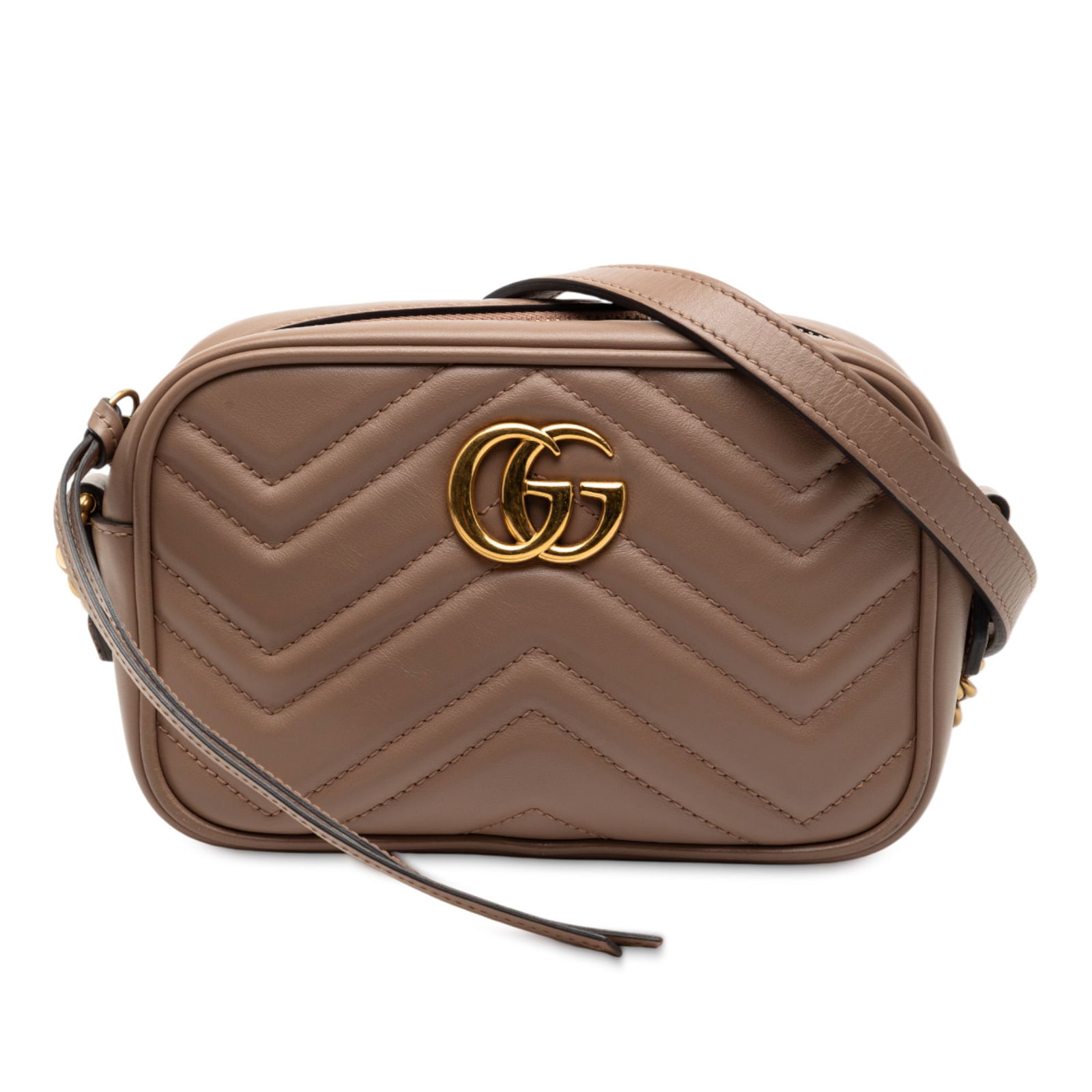 Gucci Mini GG Marmont Brown Quilted Leather Crossbody Bag: Gucci Mini GG Marmont Brown Quilted Leather Crossbody Bag This Gucci Mini GG Marmont Matelasse Leather Crossbody features a quilted leather body in brown, a flat leather and chain link shoulder strap,