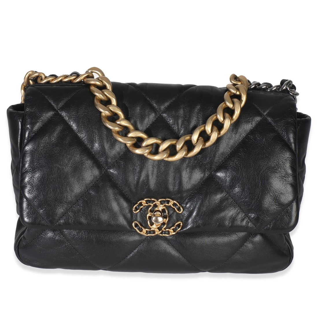 Chanel Medium 19 Flap Bag Black Quilted Lambskin Gold-Tone Hardware: Chanel Medium 19 Flap Bag Black Quilted Lambskin Gold-Tone Hardware Elevate your accessory collection with this stunning Chanel Medium Chanel 19 Flap Bag, crafted from luxurious black quilted lambskin