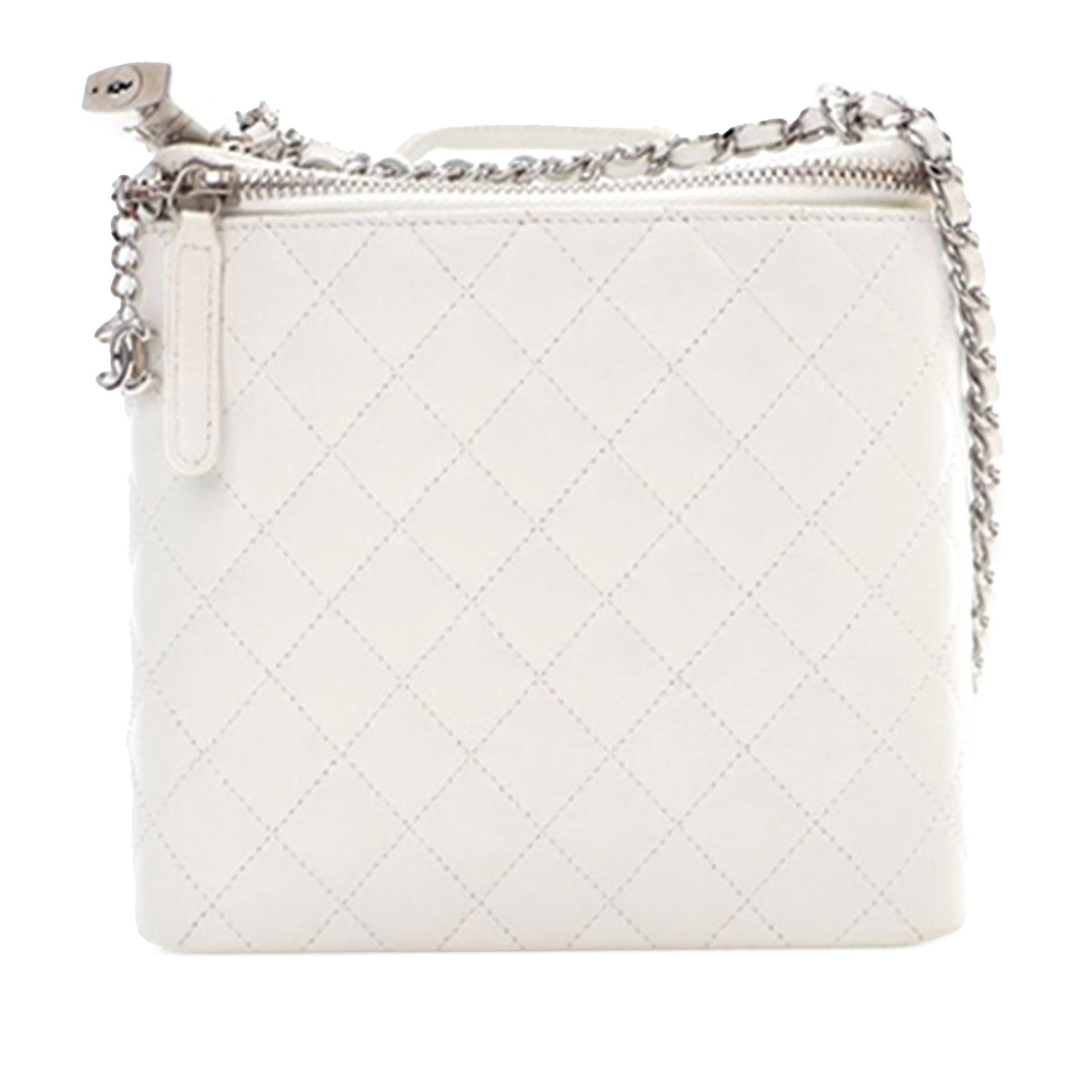 Chanel Large White Quilted Lambskin Jewelry Box with Chain Handle: Chanel Large White Quilted Lambskin Jewelry Box with Chain Handle Elevate your accessory collection with this Chanel Large Quilted Lambskin Top Handle Jewelry Box. Crafted from luxurious quilted lambs