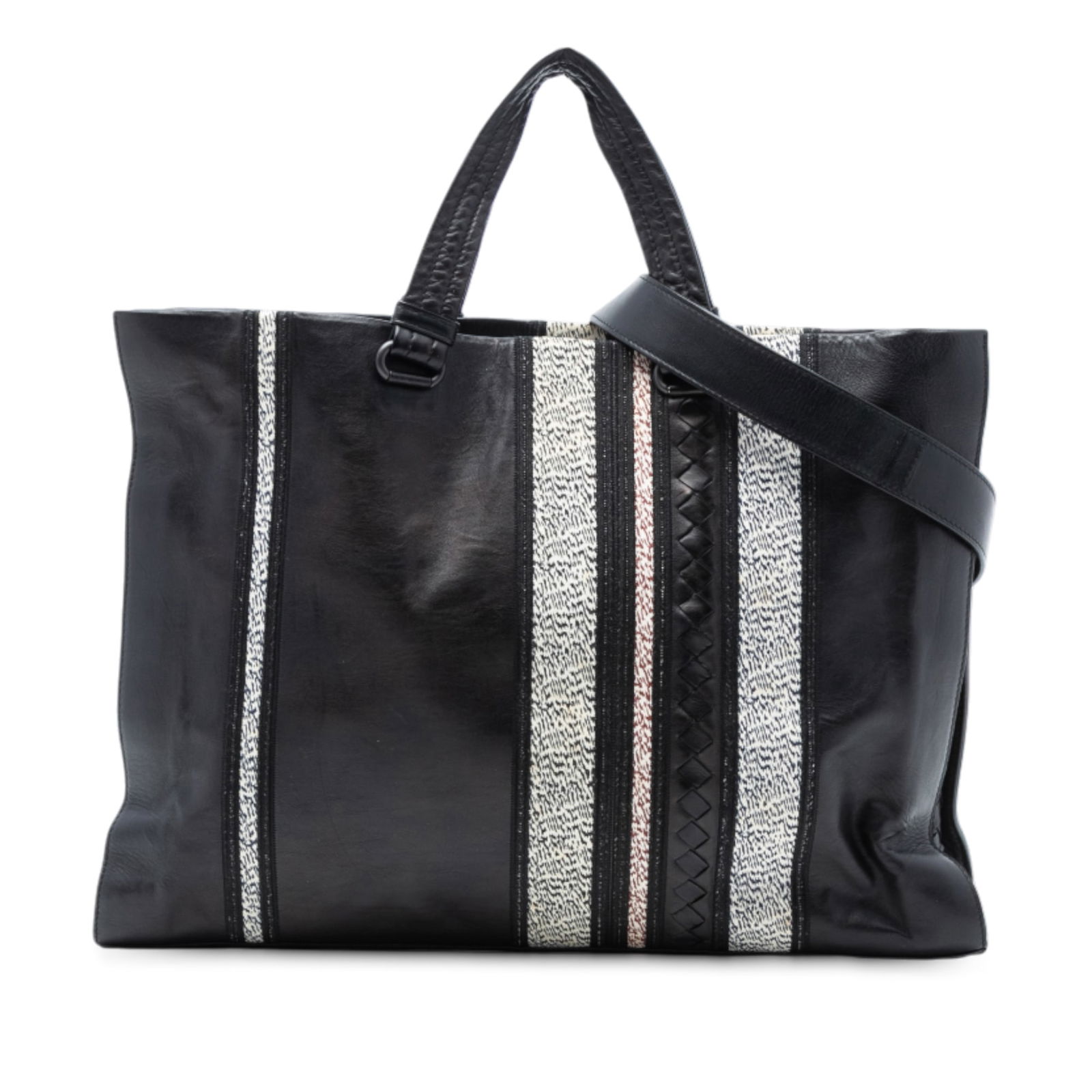 Black Leather Tote with Intrecciato Detail by Bottega Veneta: Black Leather Tote with Intrecciato Detail by Bottega Veneta This Bottega Veneta Intrecciato Trimmed Nappa Vertical Stripe Tote features a black leather body with signature woven detailing, flat leath
