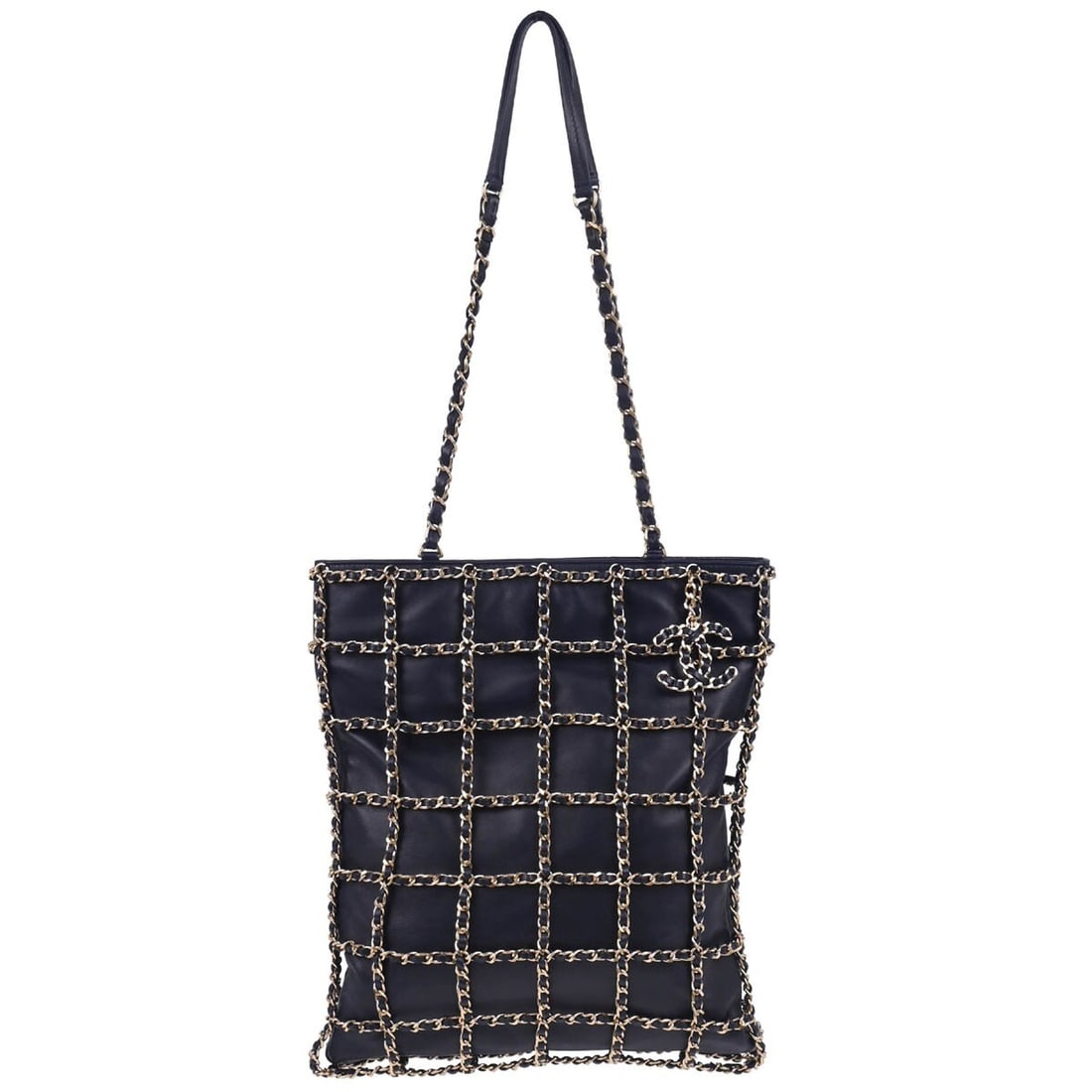 Chanel Navy Lambskin Tote Bag with Double Handles and Inner Pockets: Chanel Navy Lambskin Tote Bag with Double Handles and Inner Pockets This elegant Chanel Navy Lambskin Chain Tote Shoulder Bag combines luxury with functionality, making it an ideal accessory for casua