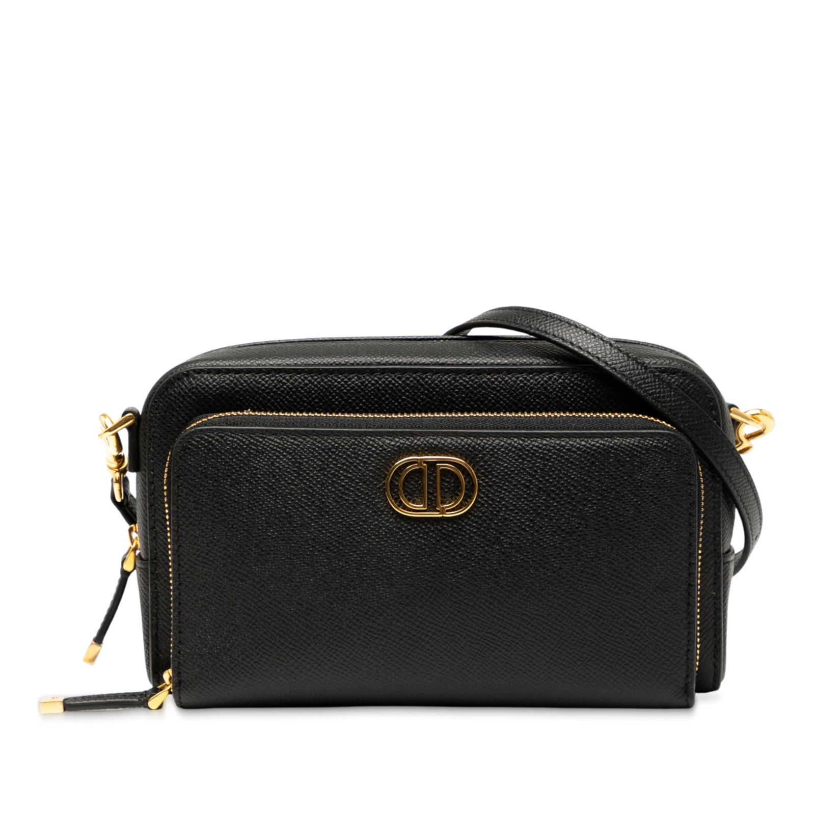 Dior Grained Calfskin Caro Double Pouch Black Leather Bag: Dior Grained Calfskin Caro Double Pouch Black Leather Bag The Dior Grained Calfskin Caro Double Pouch is a sophisticated accessory crafted from high-quality leather. It features a sleek leather body w