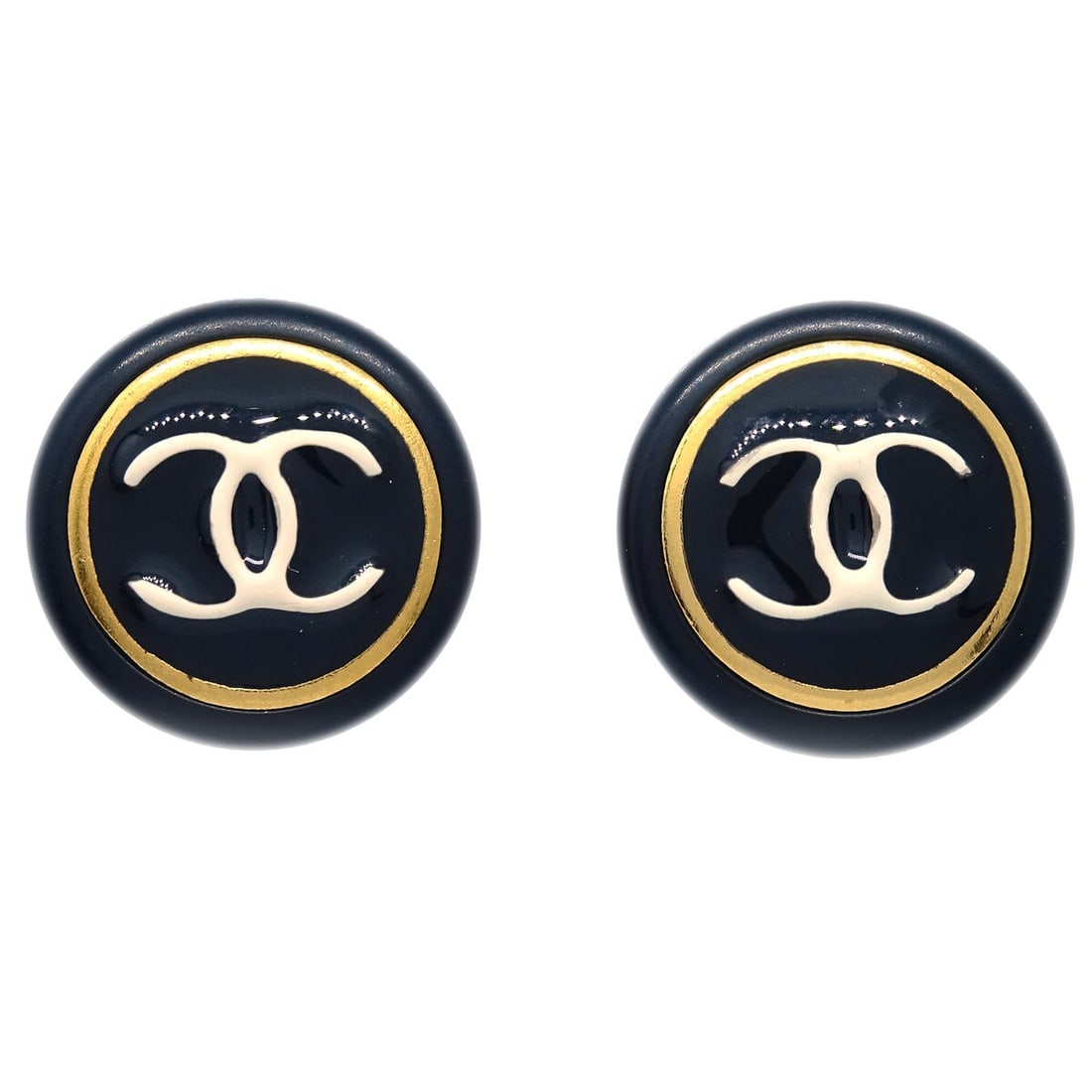 Chanel 97A Black Clip-On Button Earrings Gold Plated: Chanel 97A Black Clip-On Button Earrings Gold Plated Elevate your accessory collection with these elegant Chanel Black Button Clip-On Earrings. Featuring a classic round shape, these earrings are desi