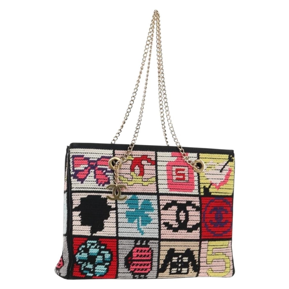 CHANEL Multicolor Gold Chain Icon Shoulder Bag Wool Auth 130674M (1 of 18)