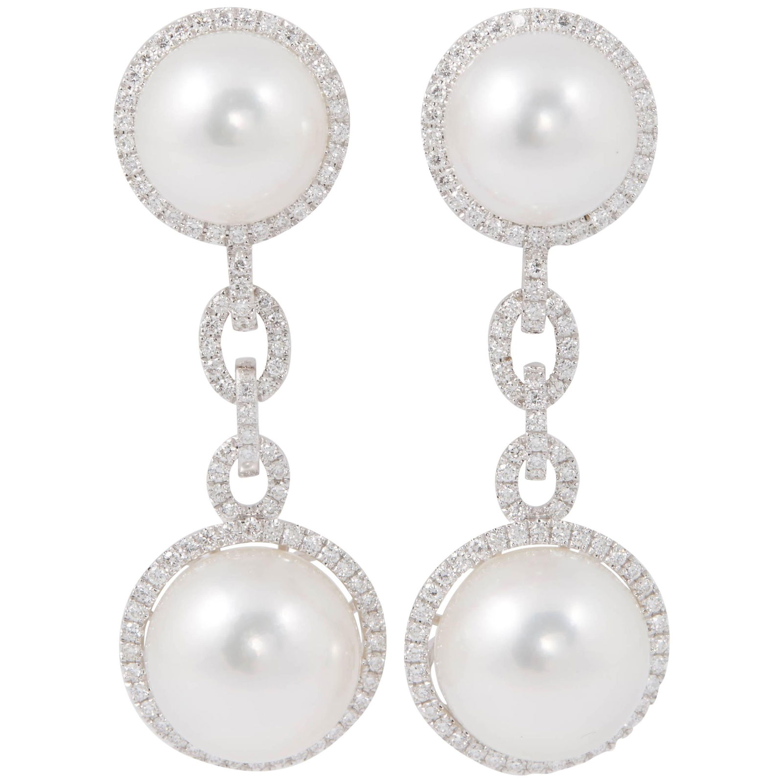 Harbor Diamonds 18K White Gold South Sea Pearl Diamond Dangle Earrings: Harbor Diamonds 18K White Gold South Sea Pearl Diamond Dangle Earrings Elevate your style with these exquisite South Sea Pearl and Diamond Dangle Link Earrings. Crafted from luxurious 18k white gold,