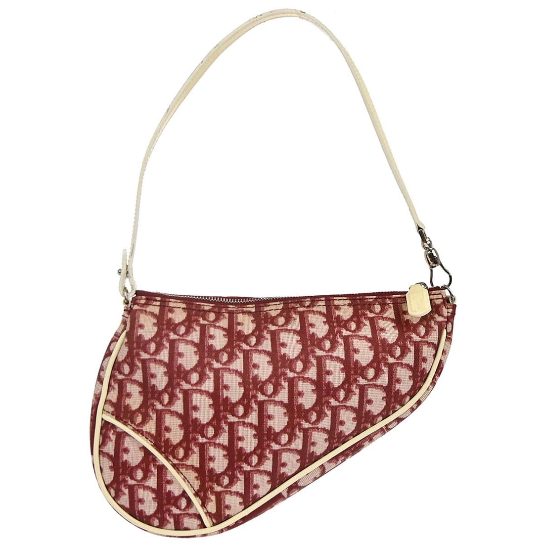 Red and White Vintage Saddle Bag by Christian Dior: Red and White Vintage Saddle Bag by Christian Dior This Christian Dior vintage Saddle Bag features a striking red and white design. The exterior shows some dirt on the edges, while the interior is in