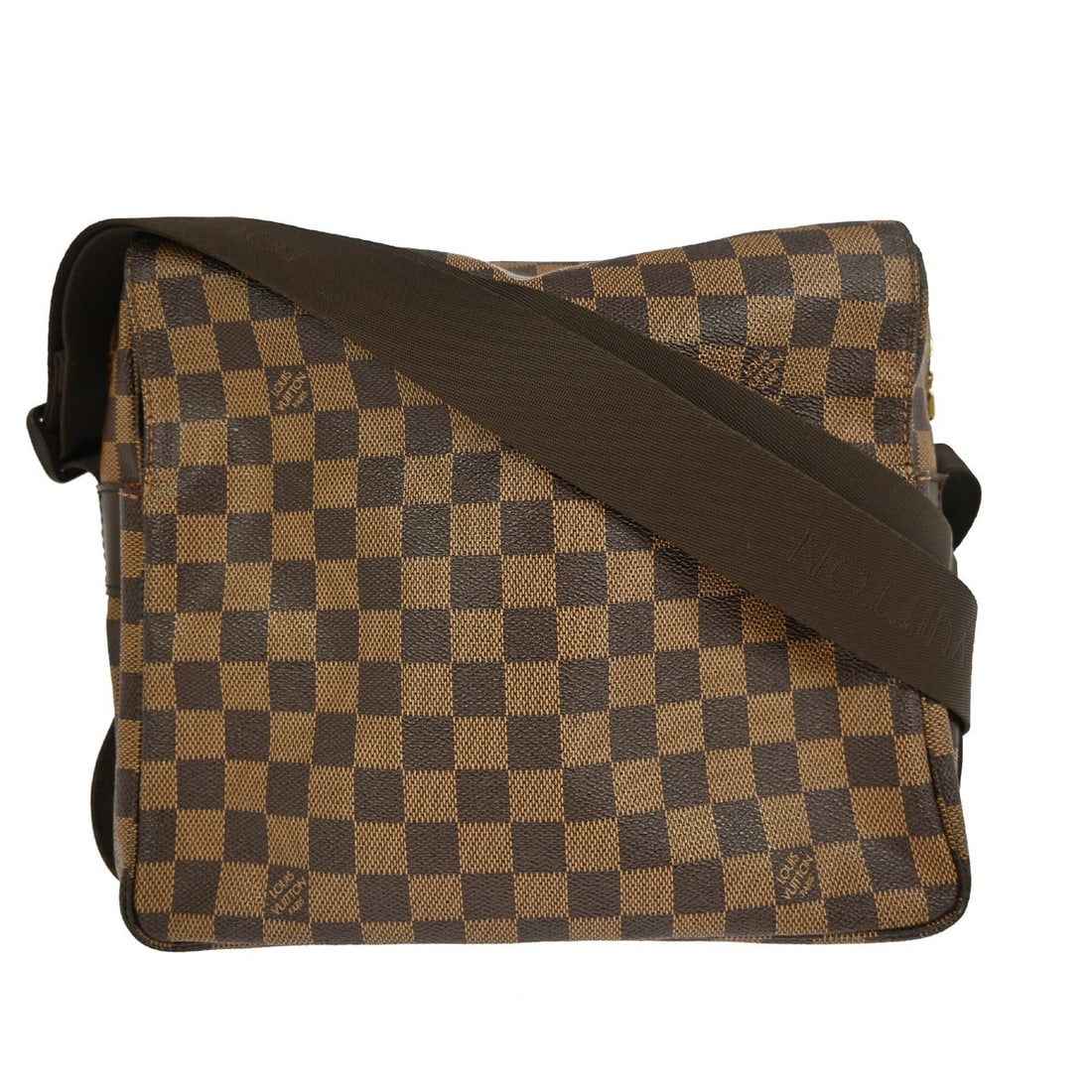Damier Canvas Naviglio Shoulder Bag by Louis Vuitton: Damier Canvas Naviglio Shoulder Bag by Louis Vuitton This pre-owned Louis Vuitton Naviglio shoulder bag features the classic brown Damier canvas. It shows signs of use, including scuffs on the leather