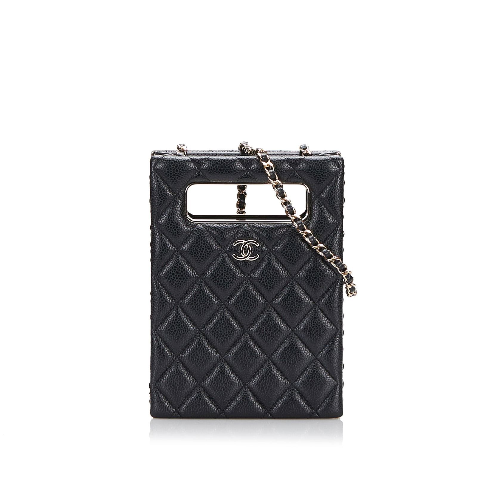 Chanel Mini Caviar Cut Out Evening Bag Black Leather: Chanel Mini Caviar Cut Out Evening Bag Black Leather This elegant Chanel Mini Caviar Chain Around Cut Out Evening Bag is crafted from premium quilted leather, featuring a chic woven leather chain stra