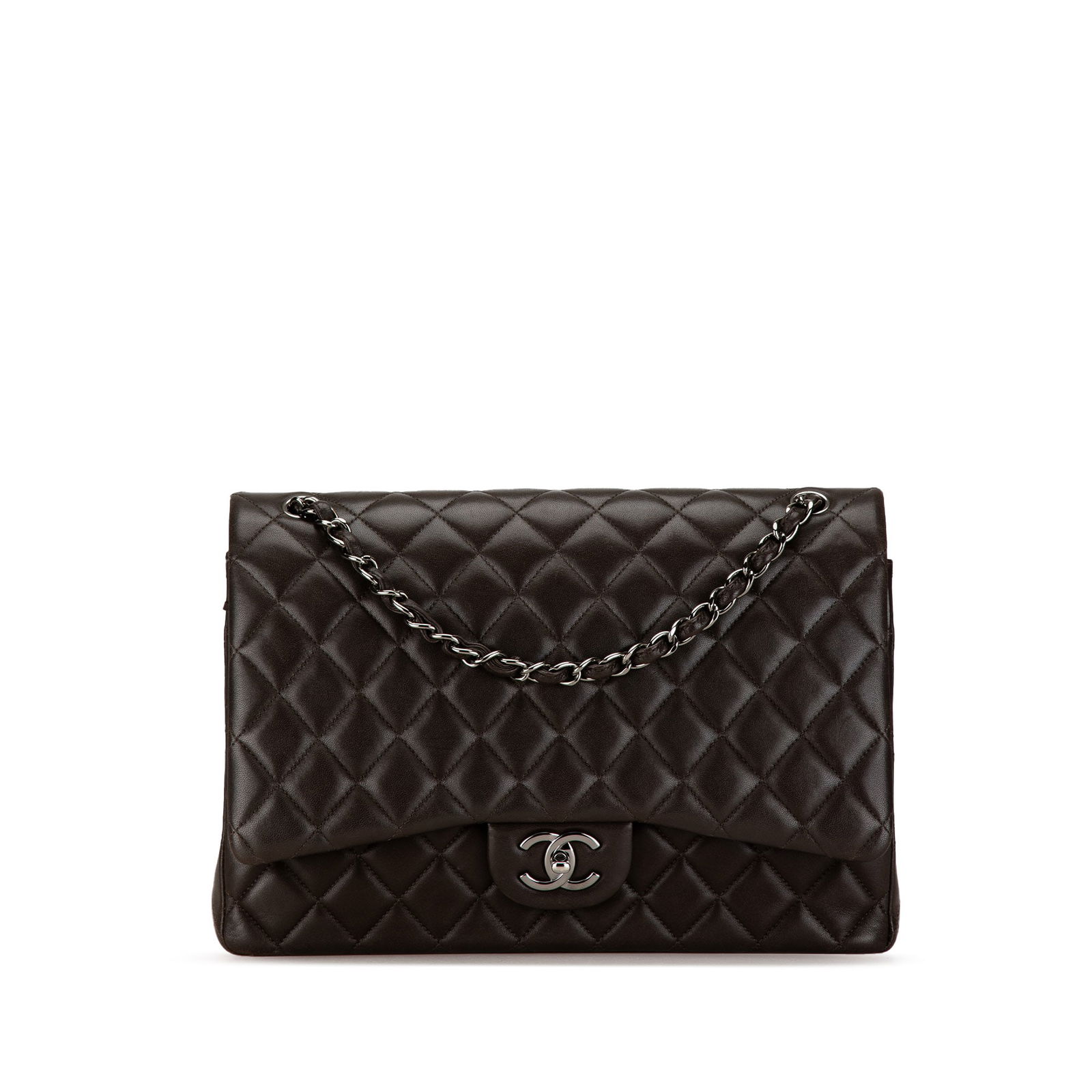 Chanel Maxi Classic Double Flap Black Lambskin Shoulder Bag: Chanel Maxi Classic Double Flap Black Lambskin Shoulder Bag This exquisite Chanel Maxi Classic Double Flap shoulder bag is crafted from luxurious quilted lambskin leather in a timeless black color. It