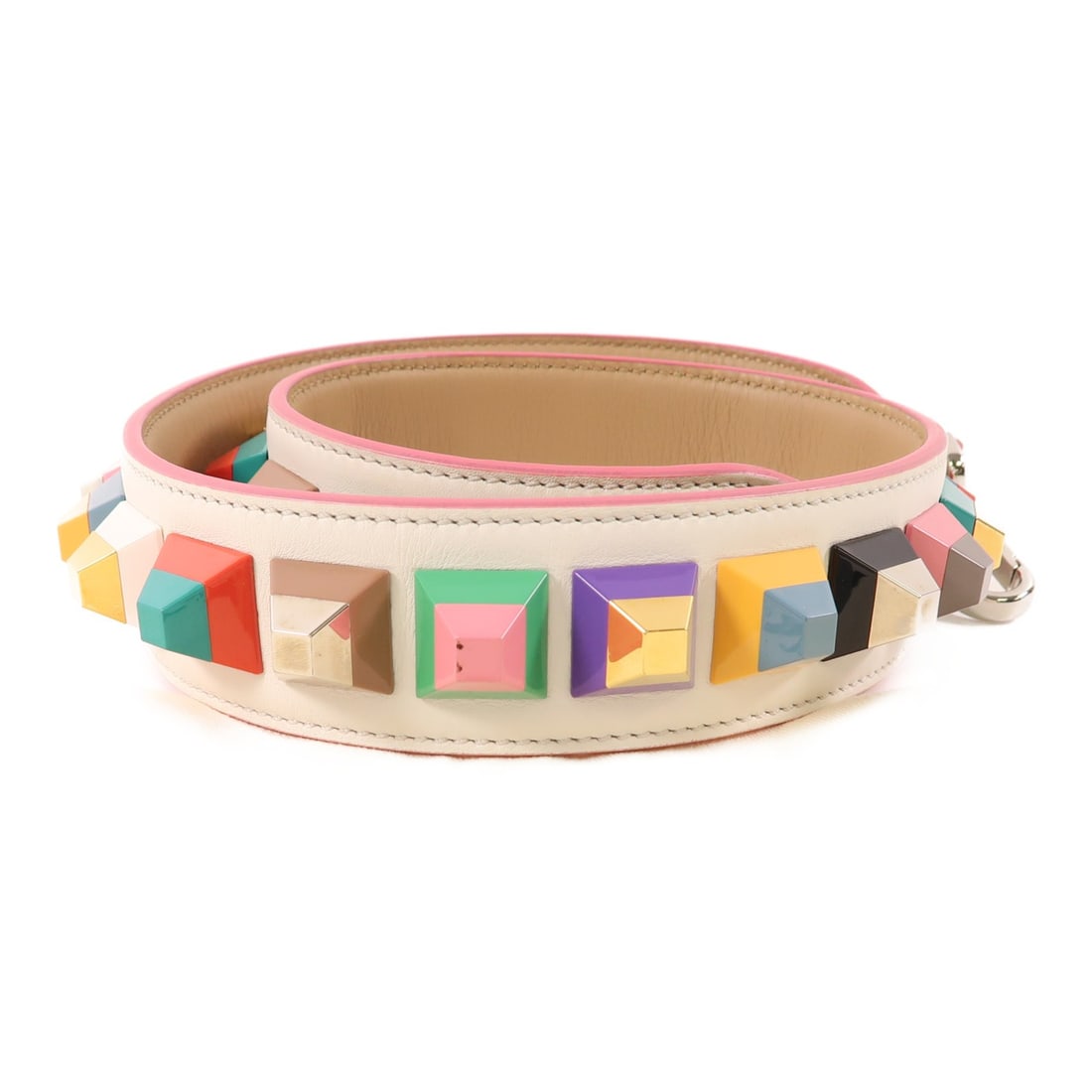 FENDI Shoulder Strap Calfskin Leather PVC White Multicolor Accents: FENDI Shoulder Strap Calfskin Leather PVC White Multicolor Accents Enhance your style with this FENDI Shoulder Strap, crafted from premium calfskin leather and PVC. This stylish accessory features a c