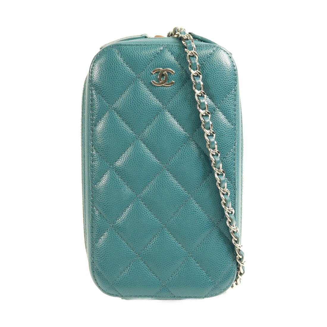 CHANEL CC Green Calfskin Leather Phone Shoulder Bag with Chain: CHANEL CC Green Calfskin Leather Phone Shoulder Bag with Chain This elegant CHANEL phone bag features a sophisticated design crafted from high-quality calfskin leather in a striking green color. The b