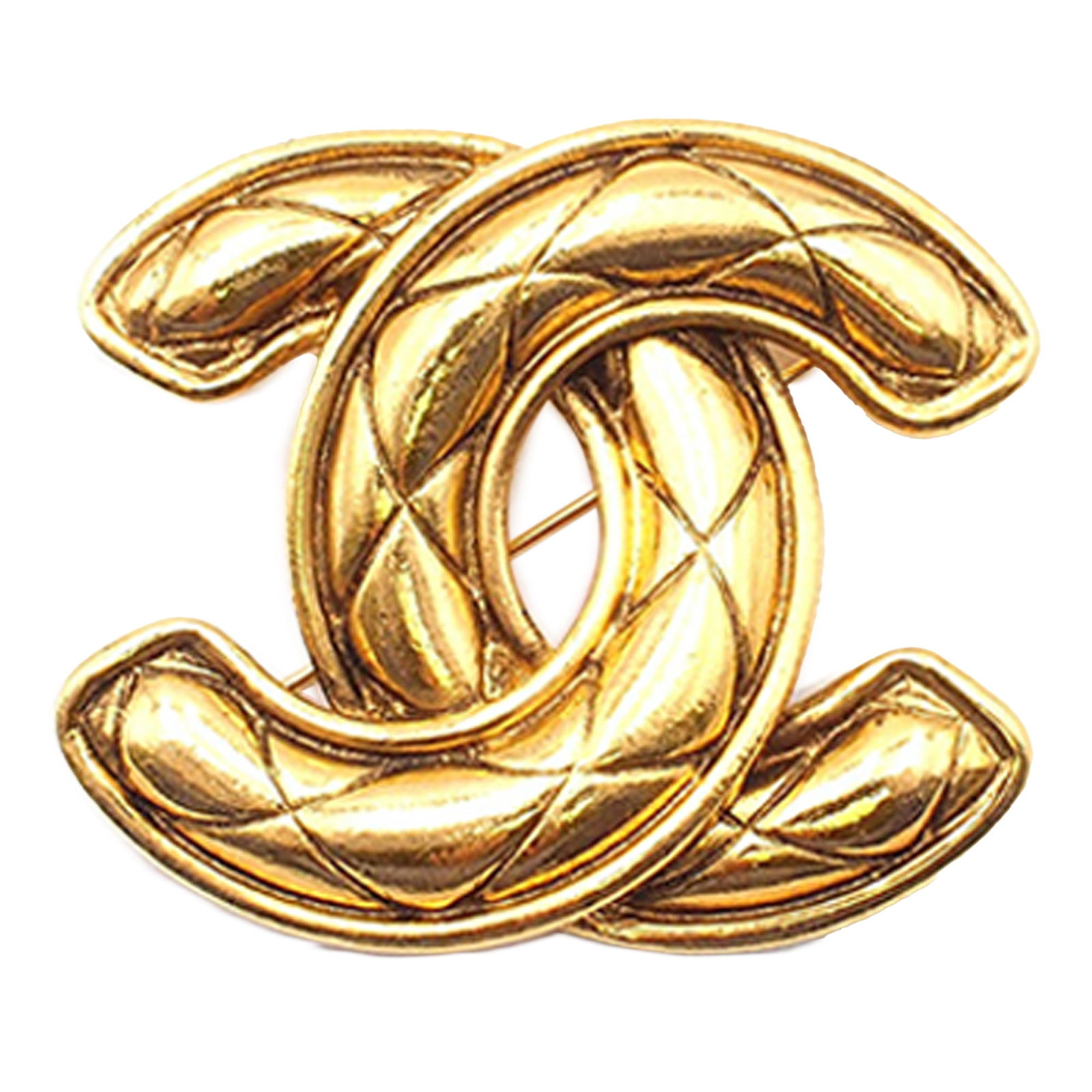 Chanel Gold Plated CC Quilted Costume Brooch: Chanel Gold Plated CC Quilted Costume Brooch This exquisite Chanel brooch showcases a stunning gold-plated metal design, featuring the iconic CC quilted pattern. The brooch is elegantly crafted with a