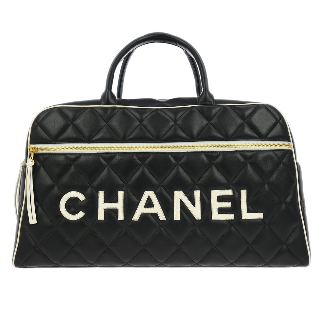 Extra Large Black Leather Top Handle Bowling Bag by Chanel: Extra Large Black Leather Top Handle Bowling Bag by Chanel This extra large Chanel top handle bowling bag is crafted from black leather and features a classic, structured silhouette. Designed with a 4
