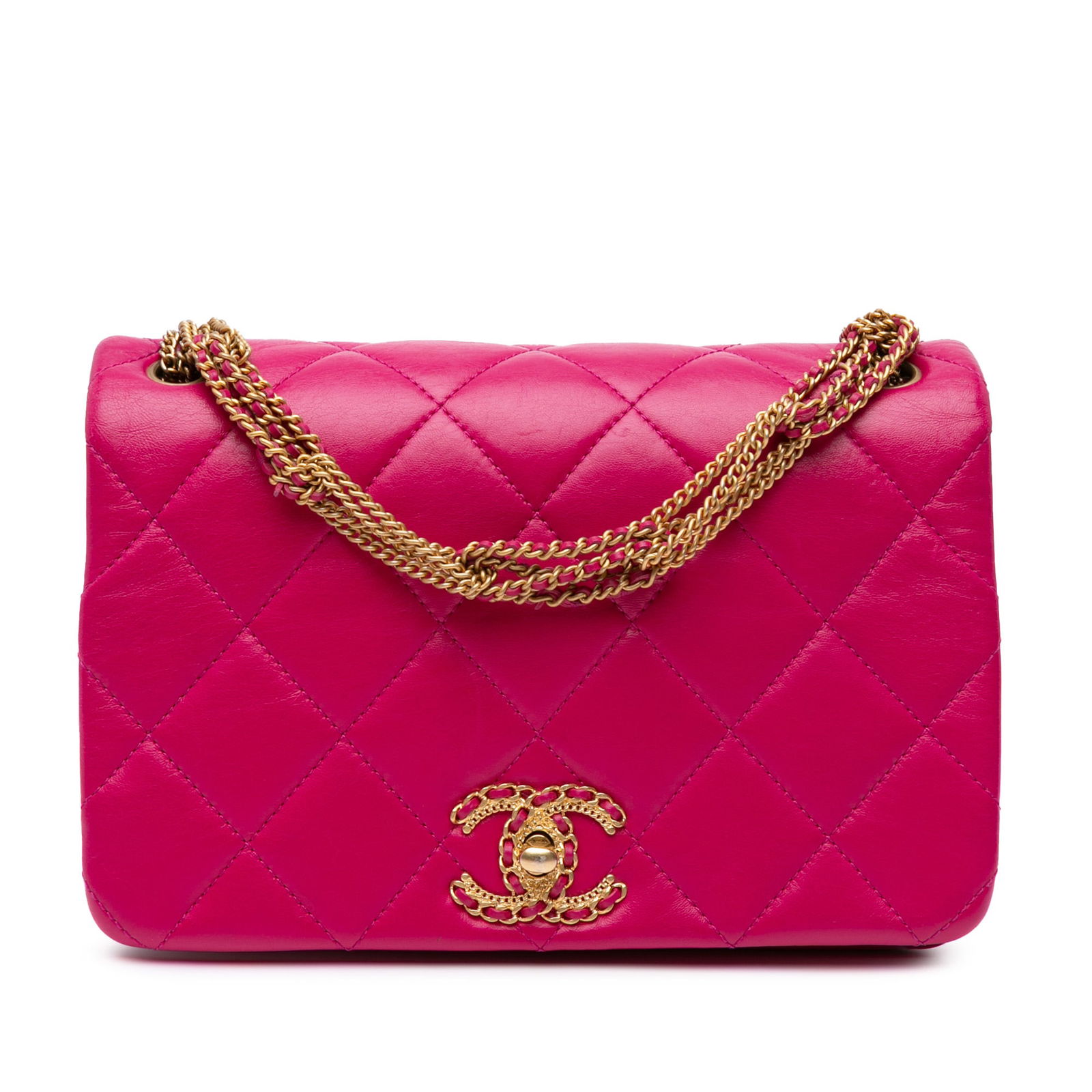Chanel Pink Small Quilted Lambskin On And On Chain Flap Bag: Chanel Pink Small Quilted Lambskin On And On Chain Flap Bag This exquisite Chanel Small Quilted Lambskin On And On Chain Flap bag features a luxurious quilted lambskin leather body in a charming pink