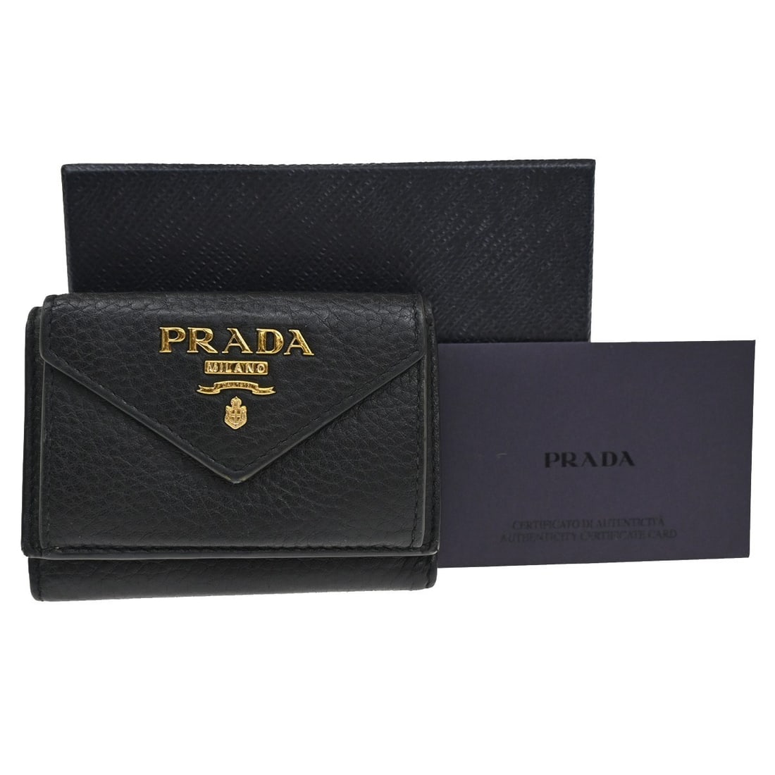 Black Trifold Wallet with Front Pocket by Prada: Black Trifold Wallet with Front Pocket by Prada This pre-owned Prada front pocket trifold wallet is designed for women and features a black exterior. The wallet is in good condition, with noticeable s
