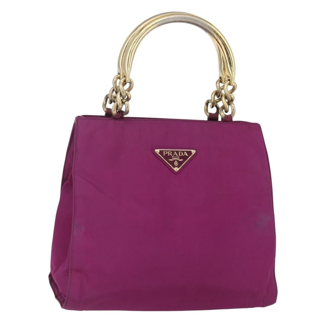 Prada Purple Tote Bag with Metal Handles: Prada Purple Tote Bag with Metal Handles This pre-owned Prada handbag features metal handles and is crafted in a purple tone. It is in good condition with visible signs of use, including surface loss