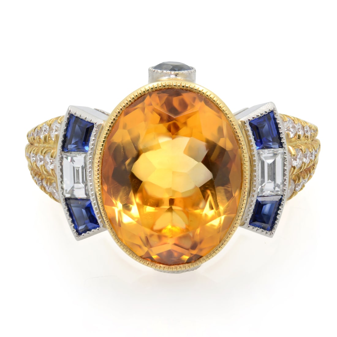 Art Deco Rachel Koen 18K Gold Citrine Sapphire Diamond Ring Size 6: Art Deco Rachel Koen 18K Gold Citrine Sapphire Diamond Ring Size 6 This exquisite Art Deco ring beautifully combines vintage charm with modern elegance. Crafted in a stunning blend of platinum and 18K