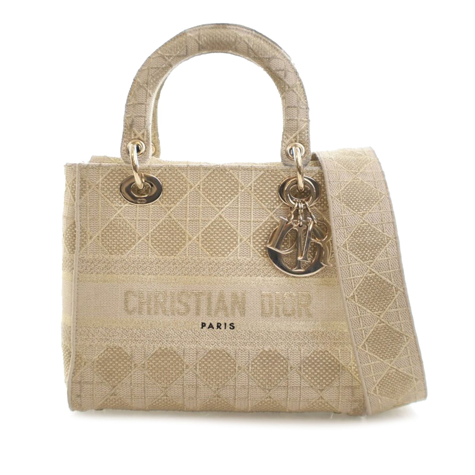 Dior Lady D Lite Medium Bag in Gold Canvas Cannage with Strap: Dior Lady D Lite Medium Bag in Gold Canvas Cannage with Strap This Dior Medium Canvas Cannage Lady D-Lite bag features a canvas body with a signature cannage pattern, flat handles, and a detachable fl