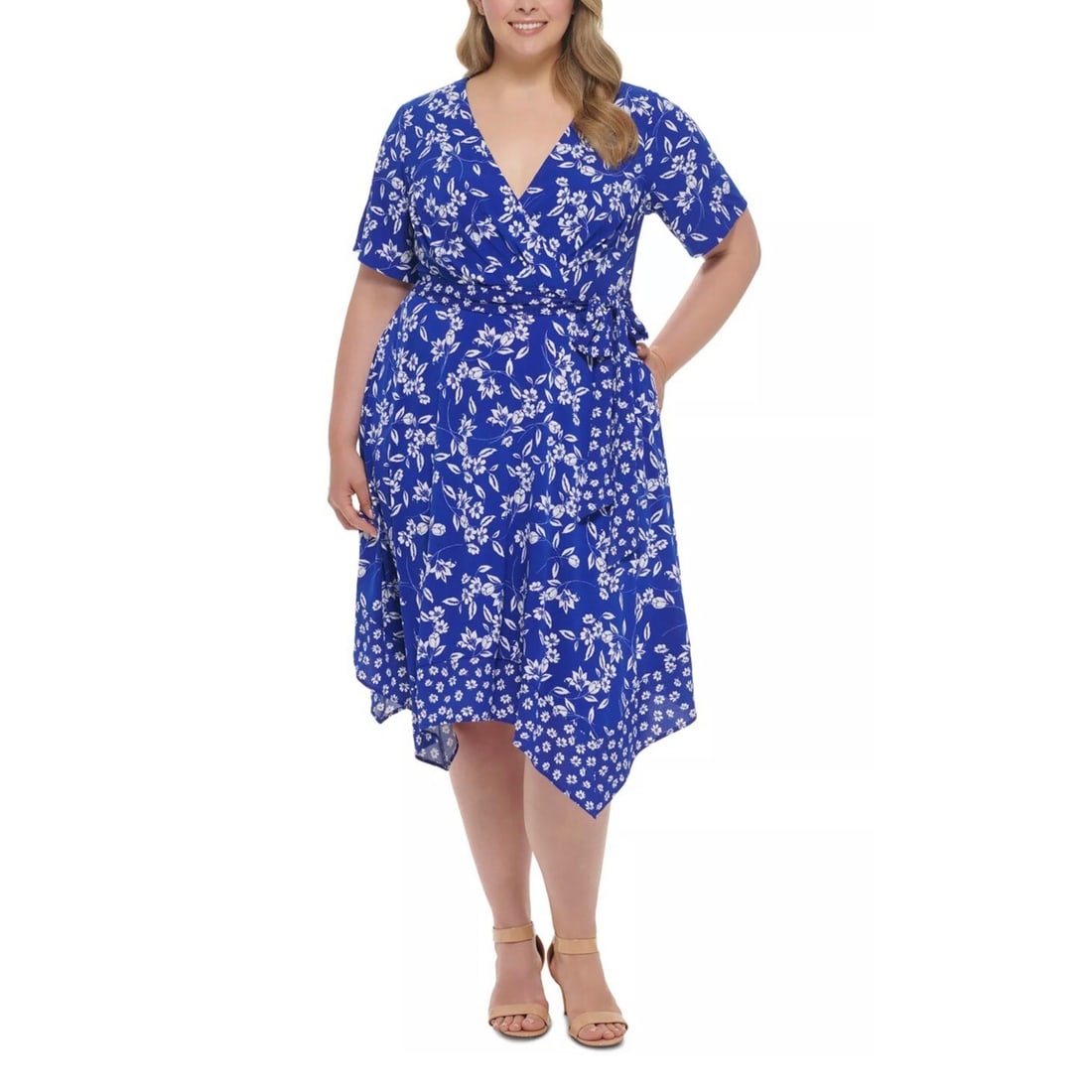 Jessica Howard Floral Tie-Waist Hi-Low Maxi Dress 20W: Jessica Howard Floral Tie-Waist Hi-Low Maxi Dress 20W Elevate your wardrobe with this stunning plus-size floral dress from Jessica Howard. Featuring a vibrant floral print in royal blue, this dress is