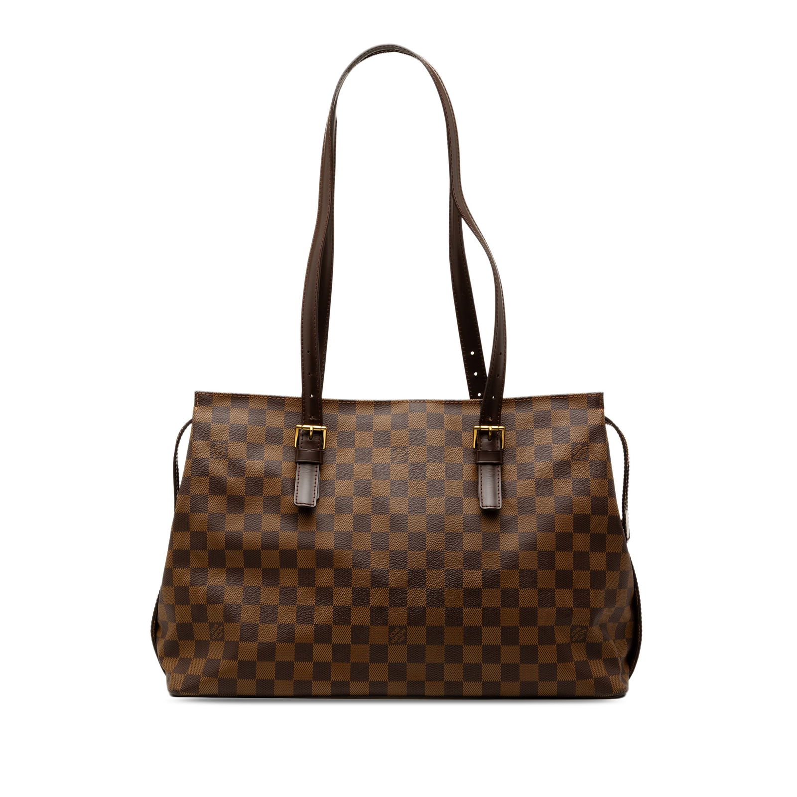 Louis Vuitton Damier Ebene Chelsea Bag with Leather Trim: Louis Vuitton Damier Ebene Chelsea Bag with Leather Trim This Louis Vuitton Damier Ebene Chelsea bag showcases a sophisticated damier ebene canvas body complemented by premium leather trim. It feature