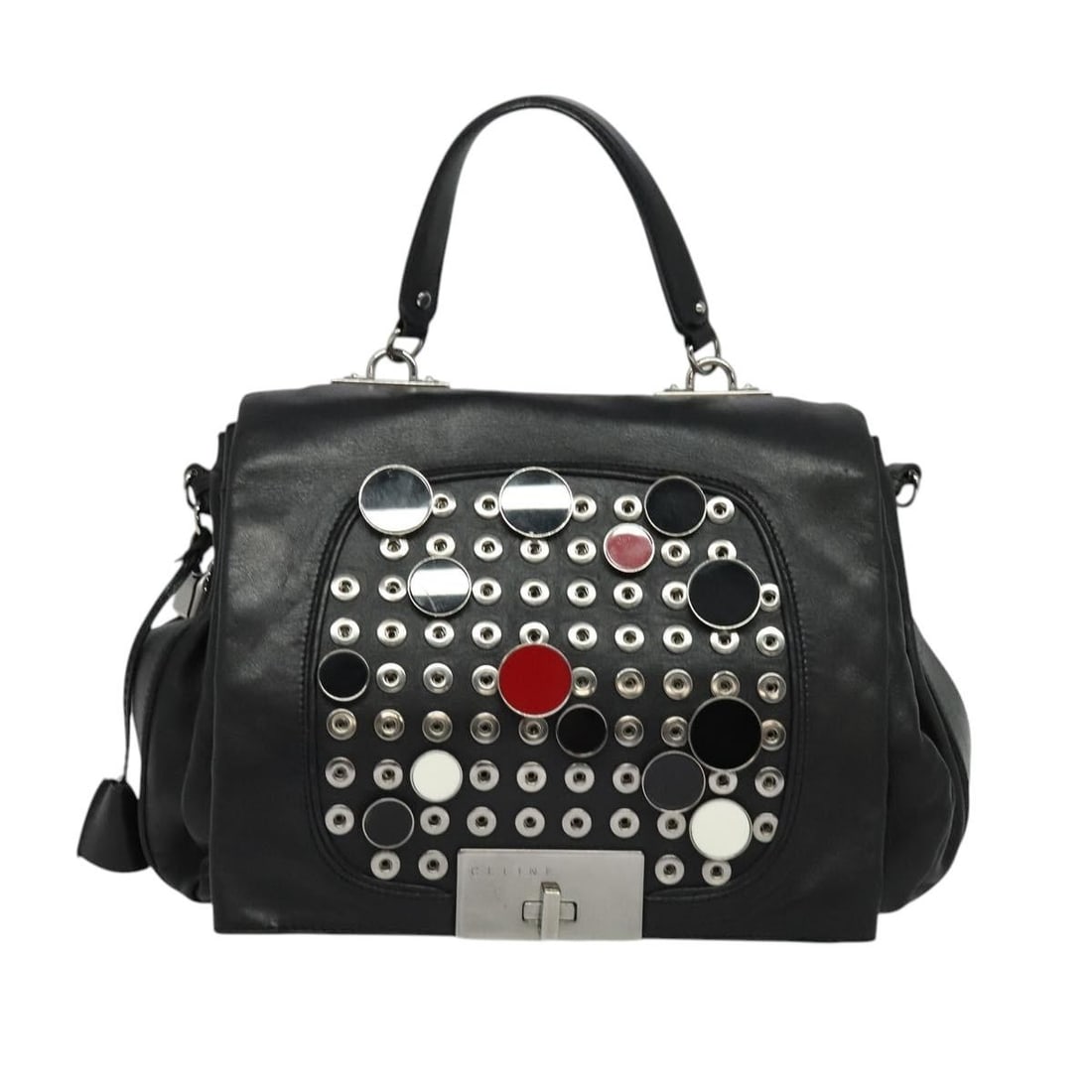 Celine Black Leather Shoulder Handbag for Women: Celine Black Leather Shoulder Handbag for Women This Celine handbag features a black exterior with signs of use, including rubbing, stains, scratches, and areas that are out of shape. The handles and