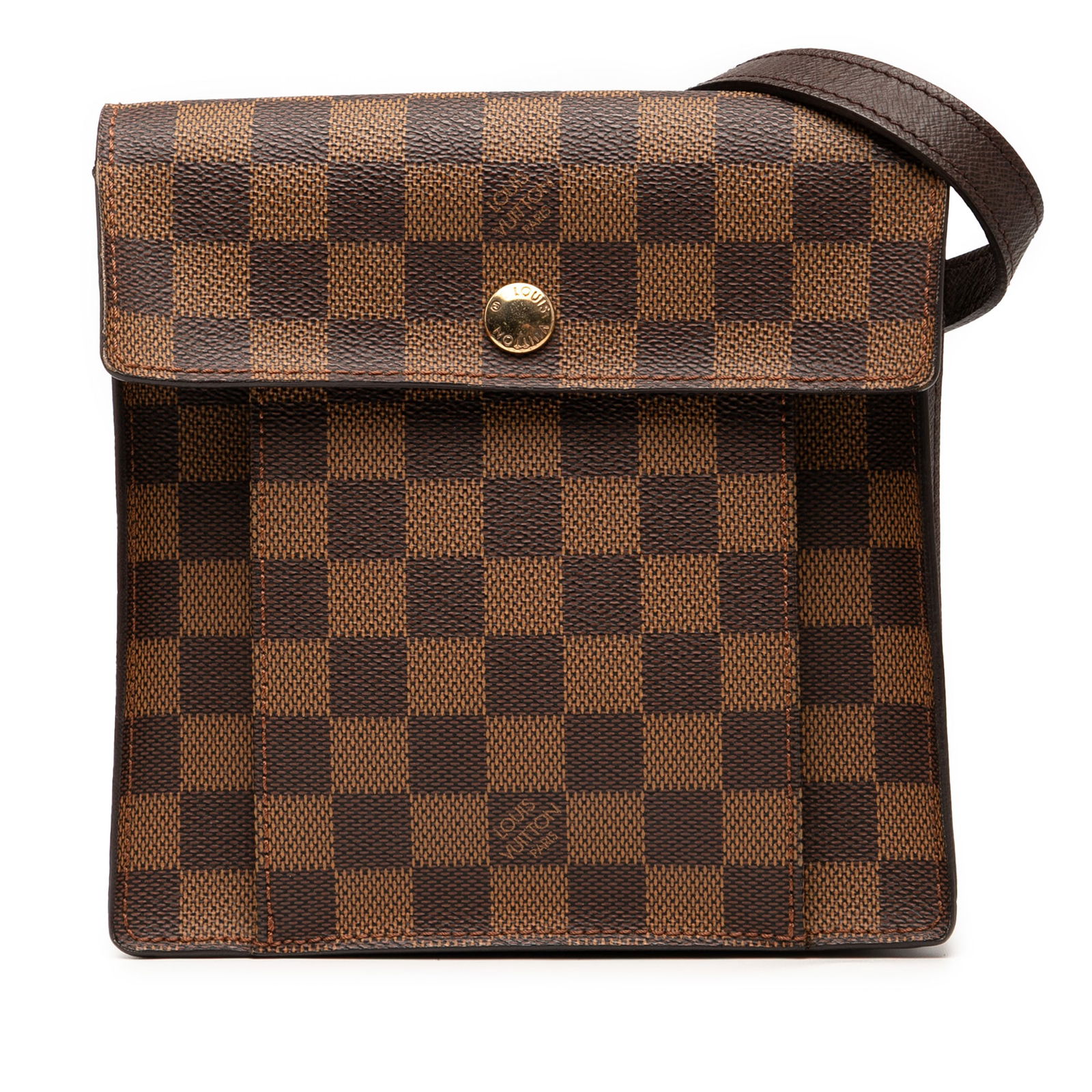 Louis Vuitton Damier Ebene Pimlico Bag with Leather Trim: Louis Vuitton Damier Ebene Pimlico Bag with Leather Trim This Louis Vuitton Damier Ebene Pimlico bag is crafted from durable damier ebene canvas, enhanced with rich leather trim. It features an adjust