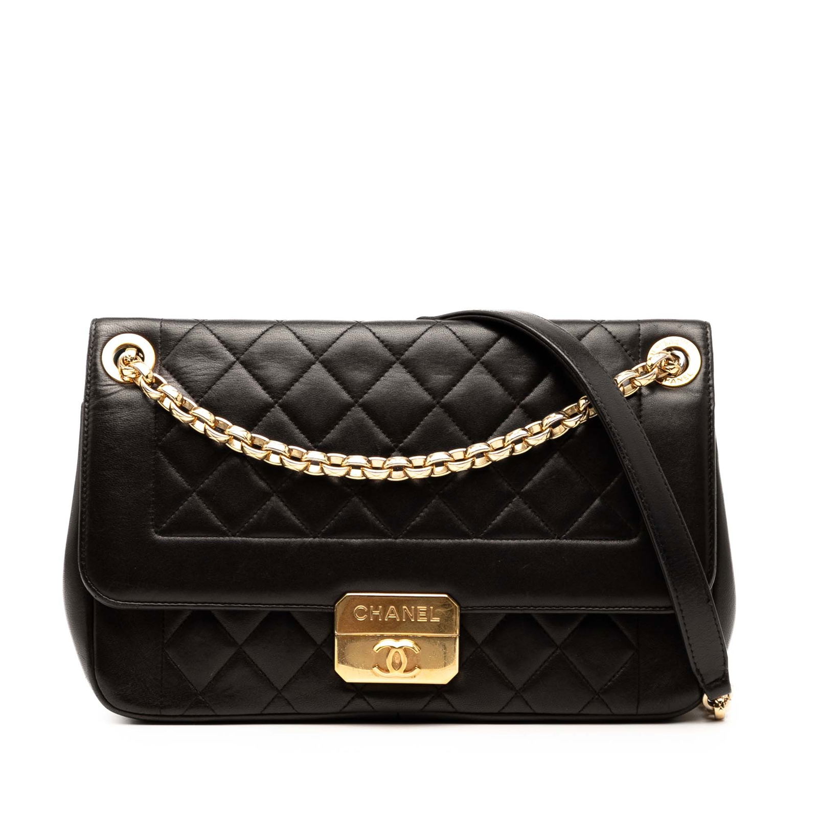 Chanel Large Black Lambskin Chic With Me Flap Bag: Chanel Large Black Lambskin Chic With Me Flap Bag This Chanel Large Lambskin Chic With Me Flap crossbody bag is crafted from premium quilted lambskin leather, featuring a stylish chain link shoulder s