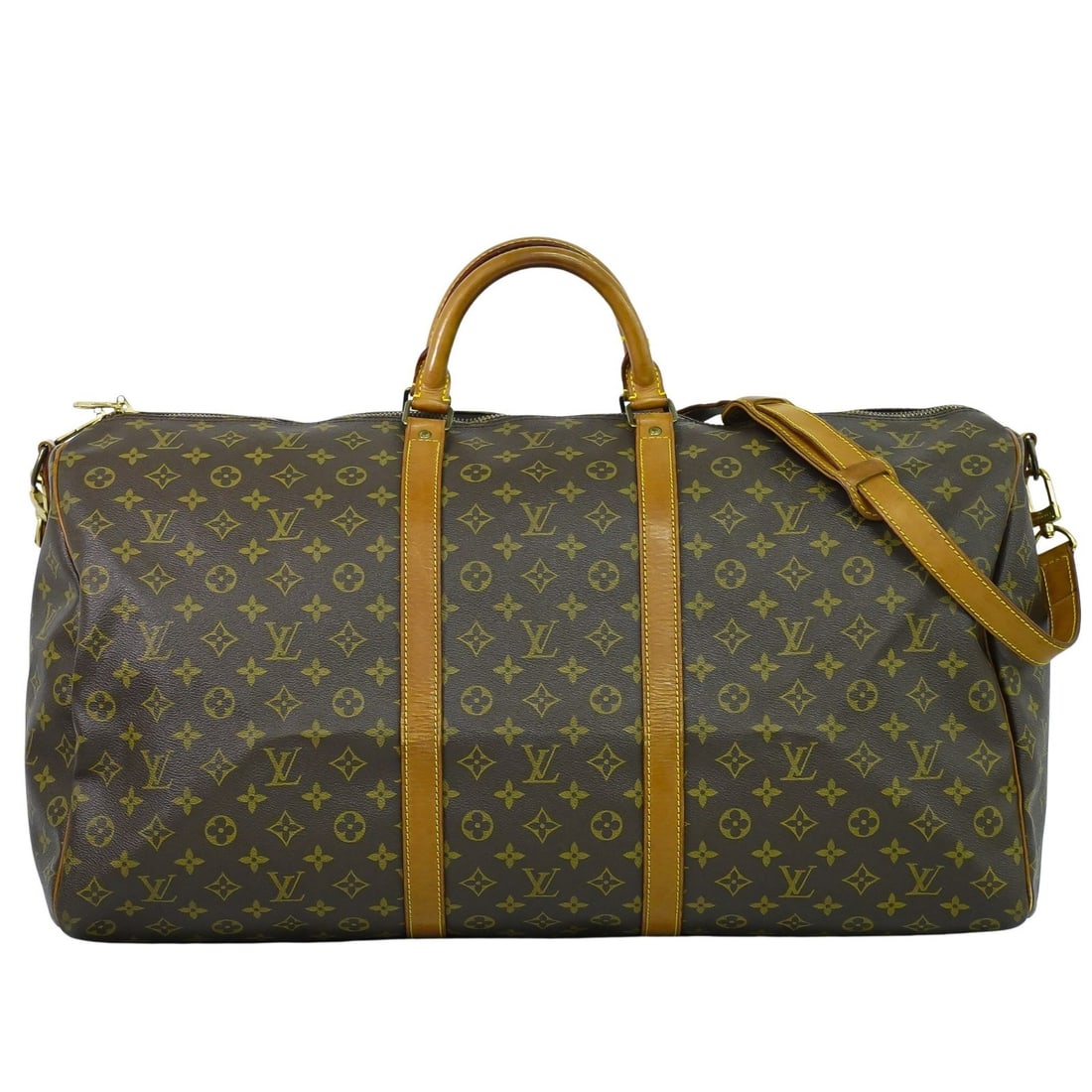 Louis Vuitton Keepall Bandouliere Brown Monogram Canvas Travel Bag: Louis Vuitton Keepall Bandouliere Brown Monogram Canvas Travel Bag This Louis Vuitton Keepall Bandouliere travel bag in brown features signs of use, including minor wear, stains, storage odor, wear on