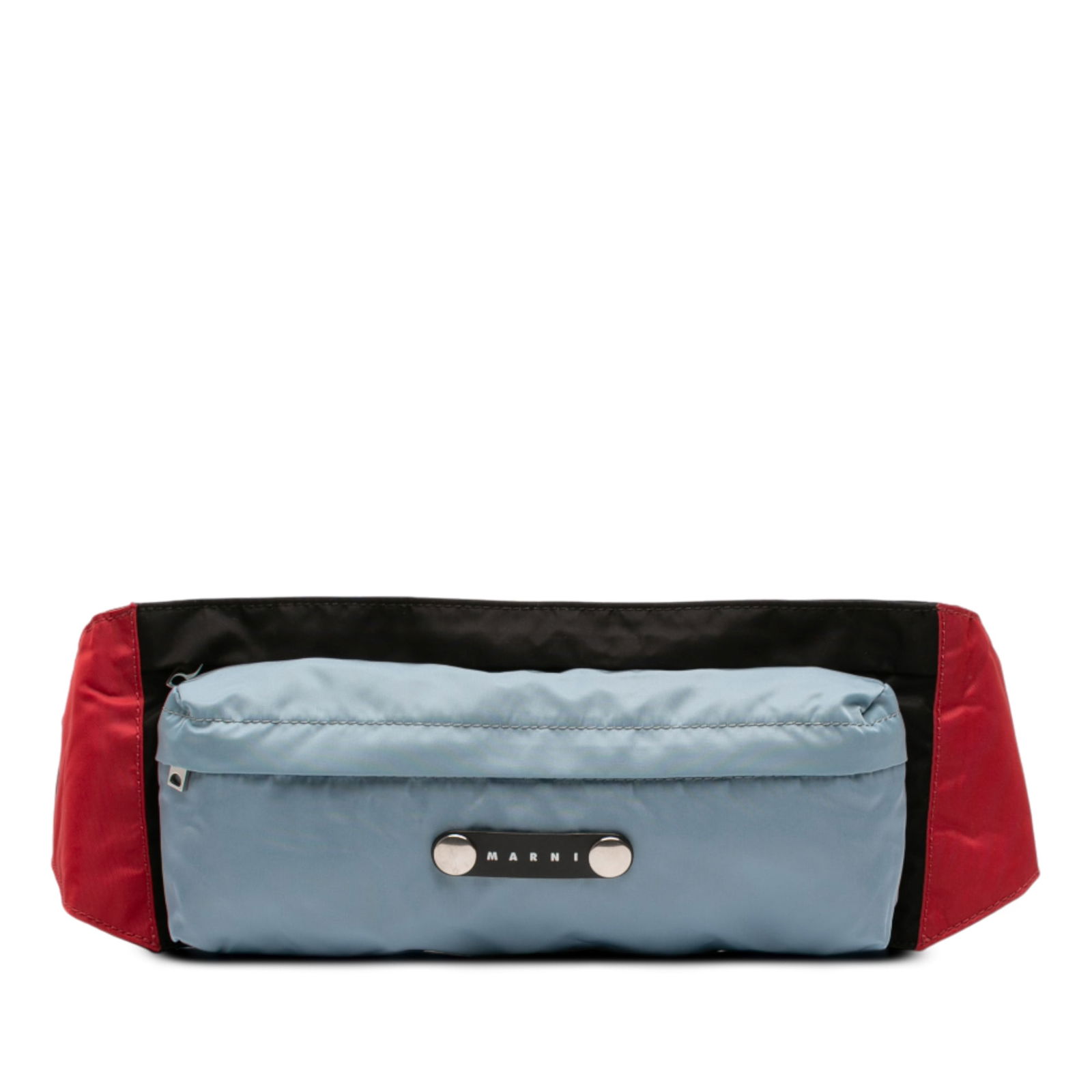 Marni Tricolor Nylon Waist Bag with Adjustable Strap: Marni Tricolor Nylon Waist Bag with Adjustable Strap This Marni belt bag features a tricolor nylon body with an adjustable flat canvas waist strap and buckle closure. It is designed with a front zip m