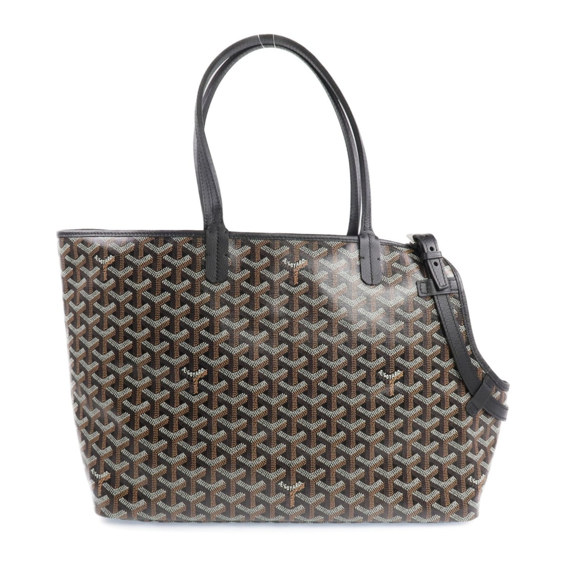 Goyard Chien Gris Black Brown Coated Canvas Shoulder Tote with Silver Hardware: Goyard Chien Gris Black Brown Coated Canvas Shoulder Tote with Silver Hardware This Goyard Chien Gris shoulder tote bag is crafted from durable PVC coated canvas in a black and brown color combination