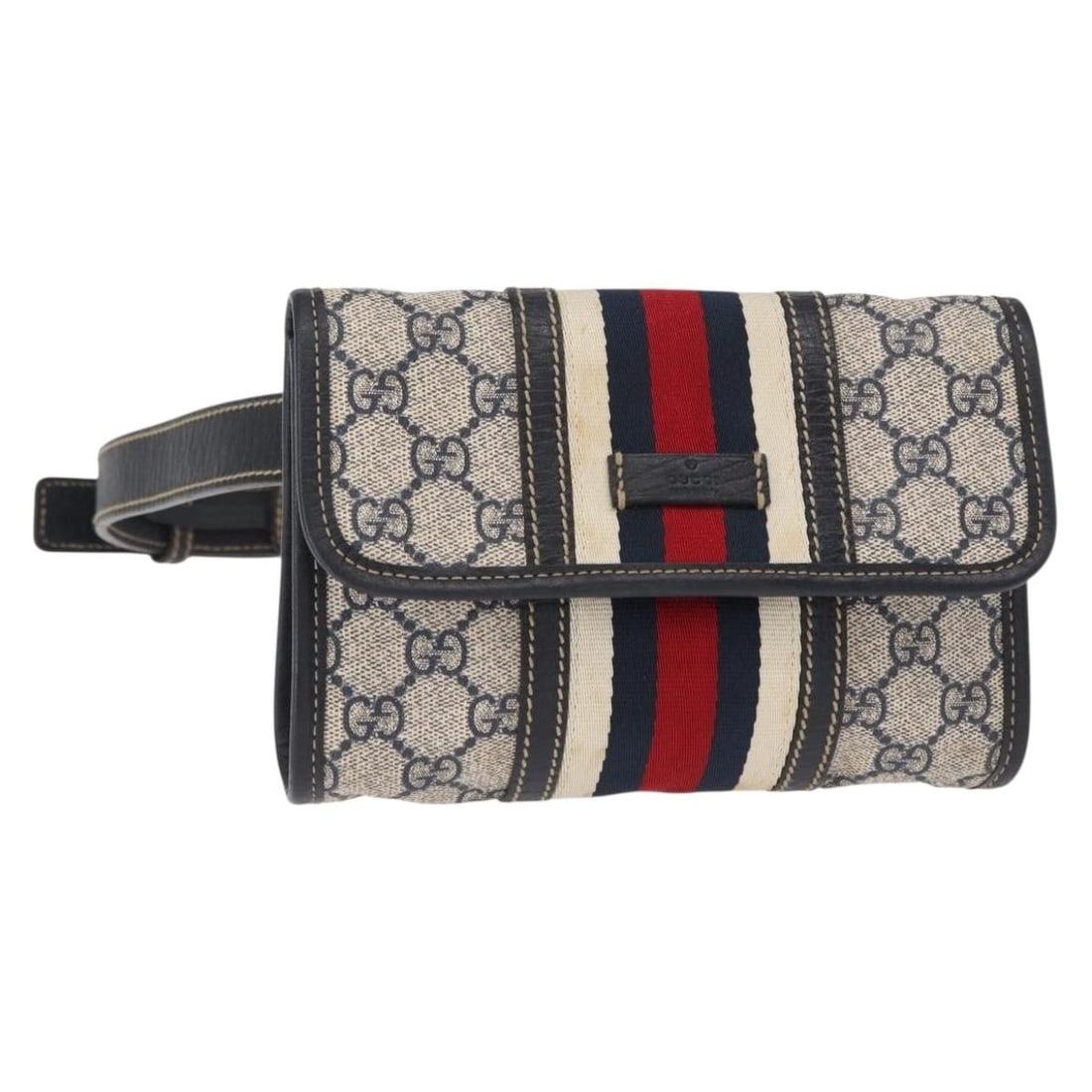 Navy Gucci Web Vintage Waist Bag with Leather Trim: Navy Gucci Web Vintage Waist Bag with Leather Trim This pre-owned Gucci Vintage Web Belt Bag in navy is designed for female use and features a classic waist bag style. The bag shows signs of previous