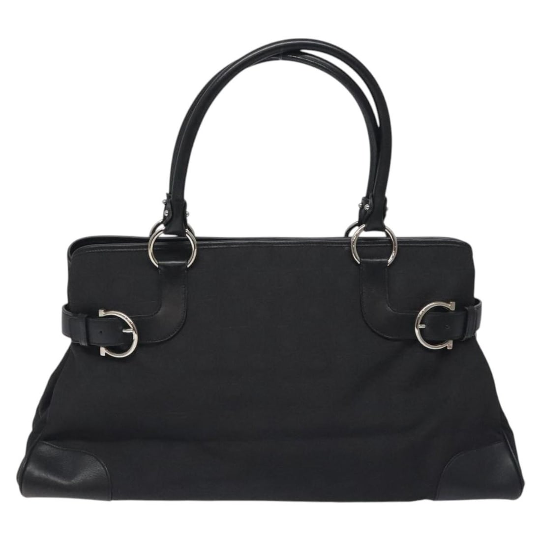 Gancini Black Leather Tote by Salvatore Ferragamo: Gancini Black Leather Tote by Salvatore Ferragamo This Salvatore Ferragamo Gancini handbag features a black exterior with signs of use, including some loss of shape, slight rubbing on the surface, lea