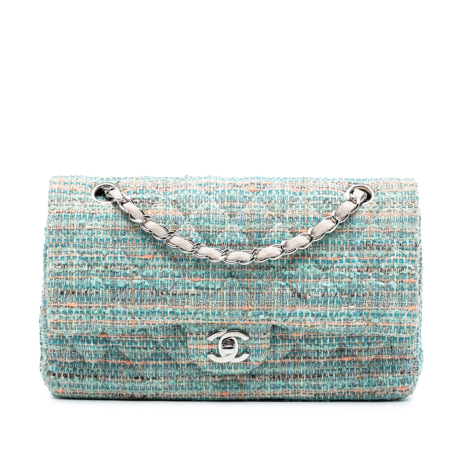Blue Tweed Quilted Medium Double Flap Bag by Chanel: Blue Tweed Quilted Medium Double Flap Bag by Chanel This Chanel Medium Classic Tweed Double Flap shoulder bag features a quilted tweed body with leather woven chain-link shoulder straps. It is designe