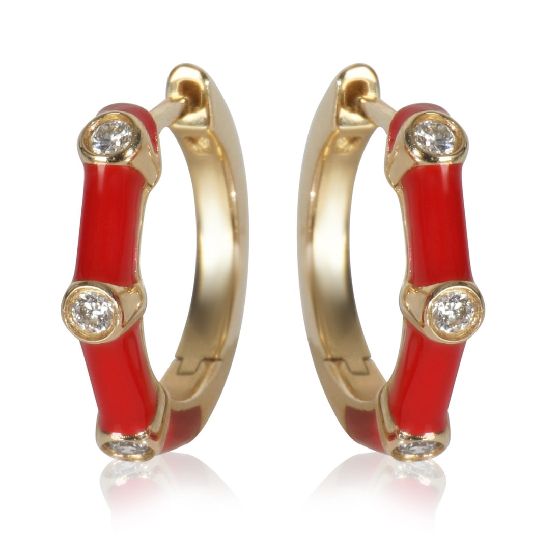 14K Yellow Gold Red Enamel Diamond Huggie Earrings 0.15ct: 14K Yellow Gold Red Enamel Diamond Huggie Earrings 0.15ct These stunning Yellow Gold Diamond Red Enamel Huggie Earrings feature a round brilliant shape and are designed for unisex wear. Made from 14K