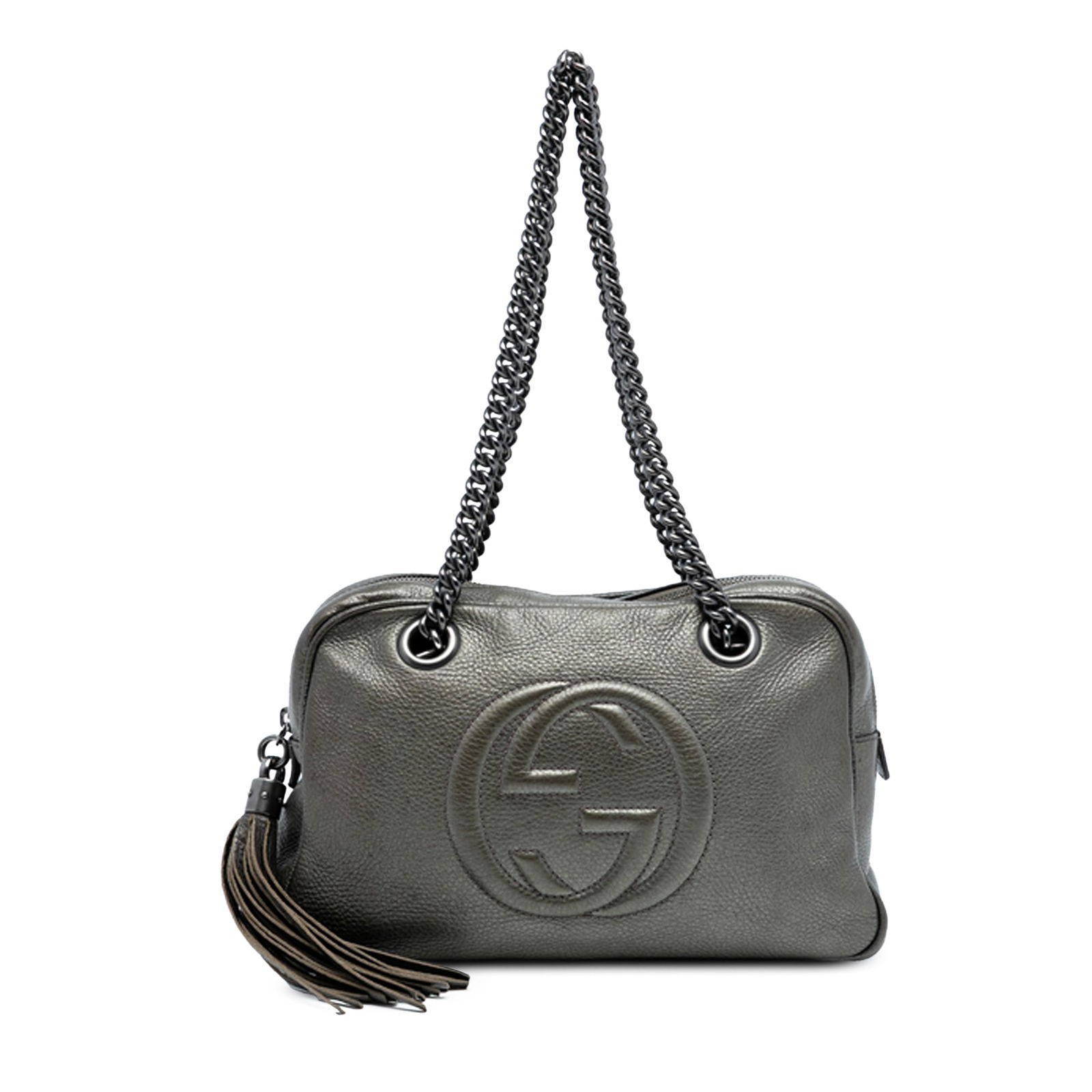 Gucci Leather Soho Chain Zip Shoulder Bag Silver: Gucci Leather Soho Chain Zip Shoulder Bag Silver Introducing the Gucci Leather Soho Chain Zip Shoulder Bag, a stylish addition to your accessory collection. This elegant bag features a durable leather