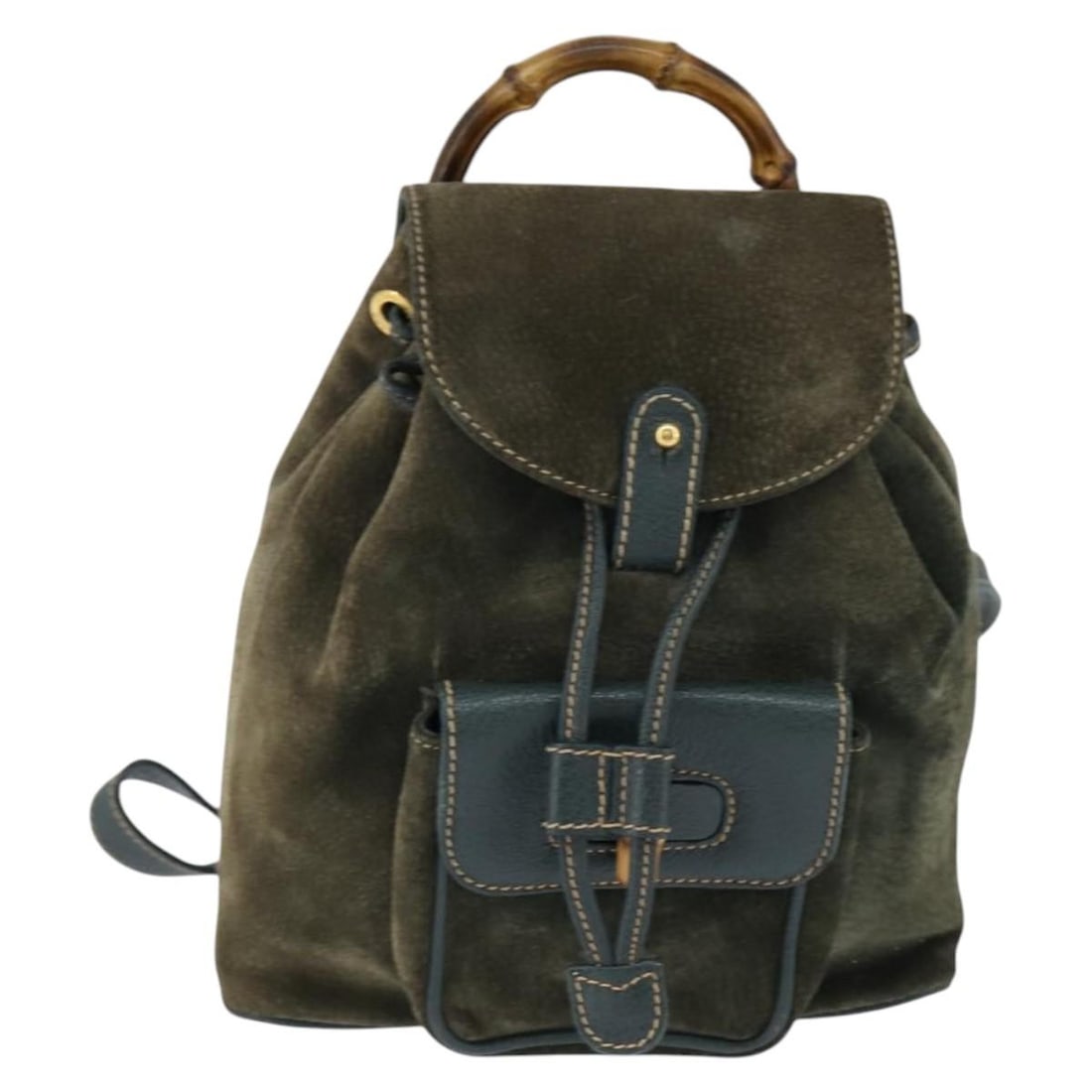 Khaki Bamboo-Handled Gucci Vintage Backpack with Suede Leather (1 of 2)