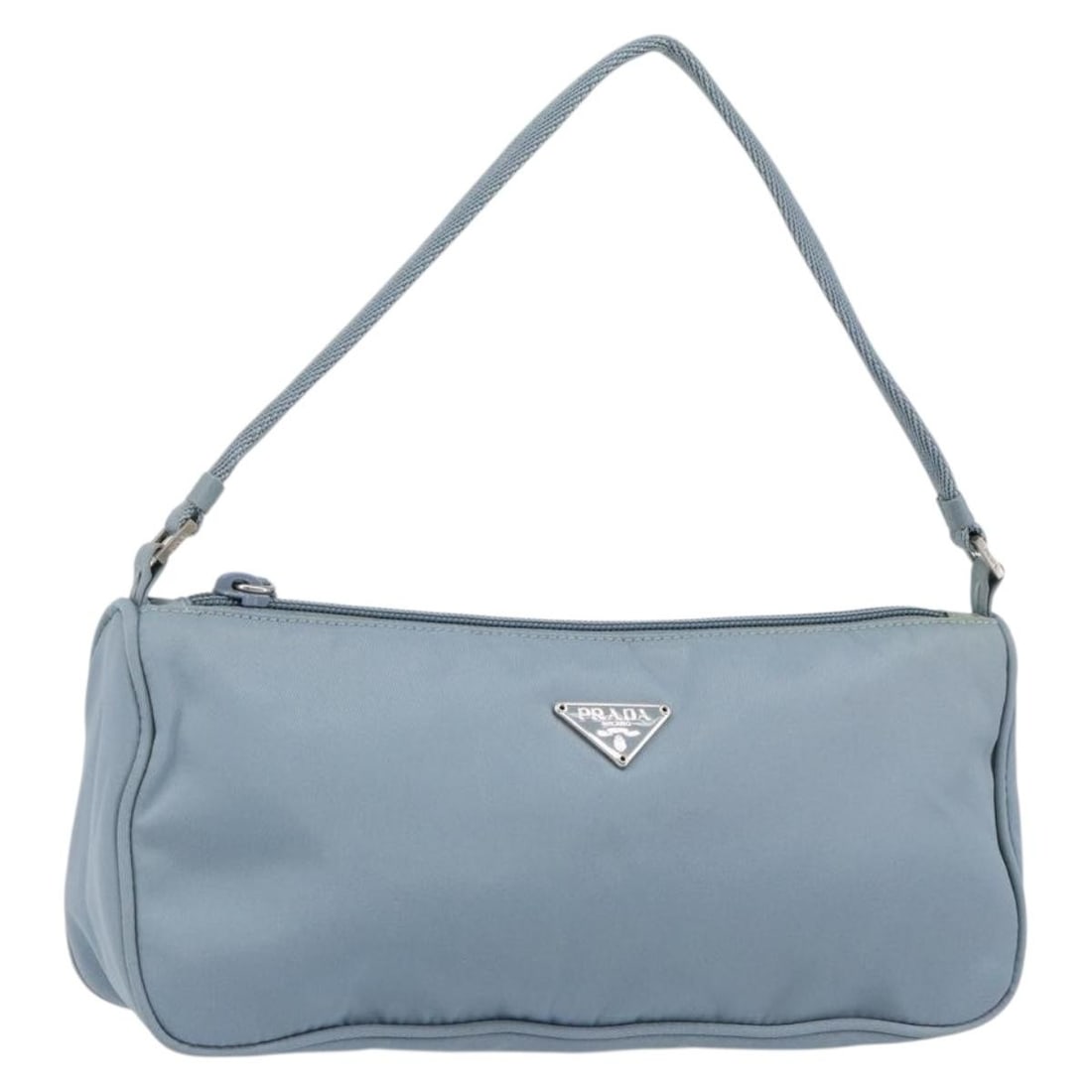 PRADA Light Blue Silver Nylon Accessory Pouch Auth 147400: PRADA Light Blue Silver Nylon Accessory Pouch Auth 147400 This Prada accessory pouch is a stylish combination of light blue nylon and silver accents, perfect for your essentials. Made in Italy, it fea